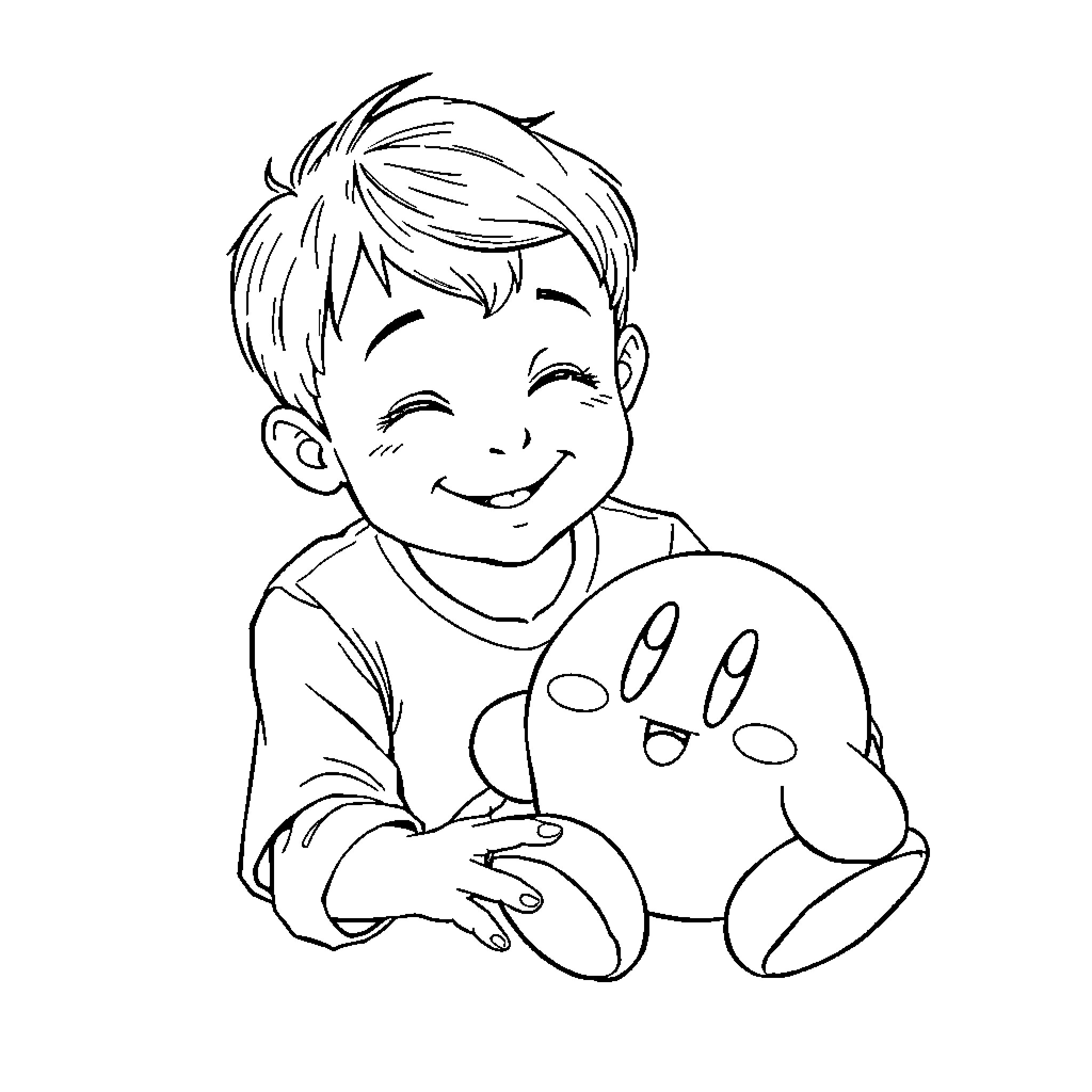 Boy hugging a playful plush toy Coloring Page (free black-and-white line drawing printable PDF for all, from beginners to advanced learners, including children, teens, adults, and seniors)