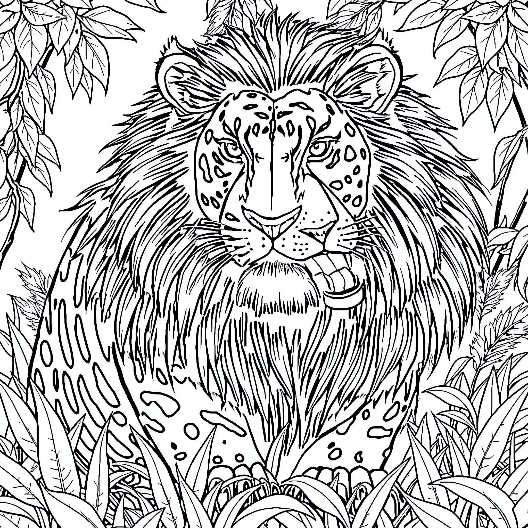 Tiger in an artistic jungle scene Coloring Page (free black-and-white line drawing printable PDF for all, from beginners to advanced learners, including children, teens, adults, and seniors)
