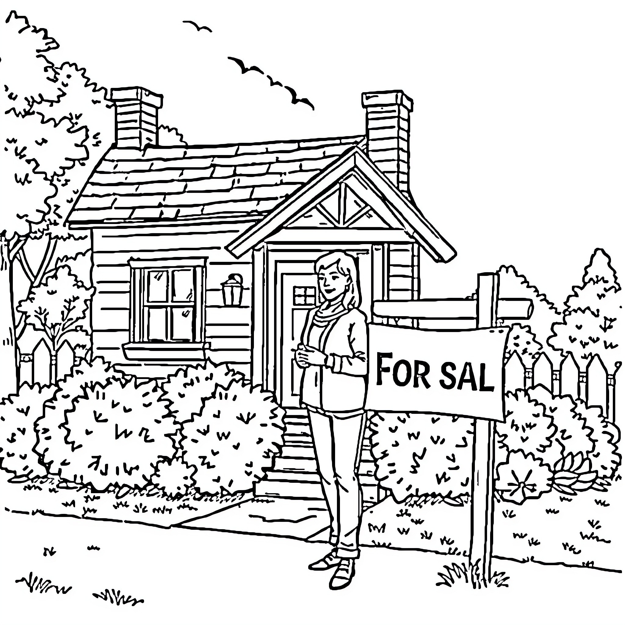 Real Estate Agent Promoting House for Sale Coloring Page (free black-and-white line drawing printable PDF for all, from beginners to advanced learners, including children, teens, adults, and seniors)