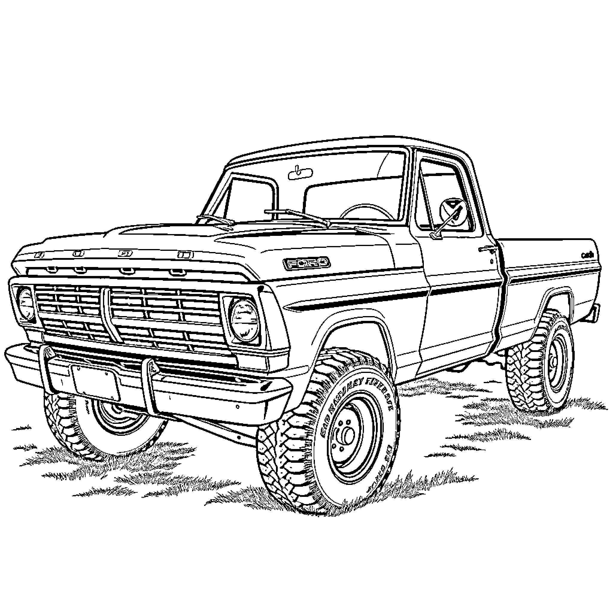 Ford F-100 truck in a rugged outdoor setting Coloring Page (free black-and-white line drawing printable PDF for all, from beginners to advanced learners, including children, teens, adults, and seniors)
