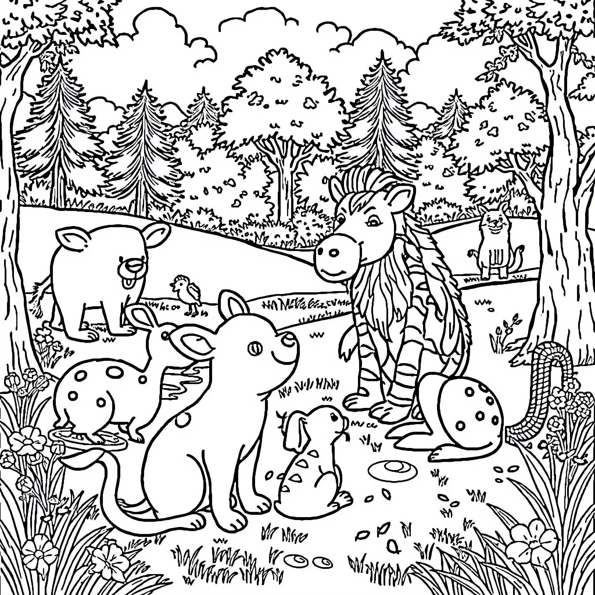 Animal characters playing in the forest Coloring Page (free black-and-white line drawing printable PDF for all, from beginners to advanced learners, including children, teens, adults, and seniors)