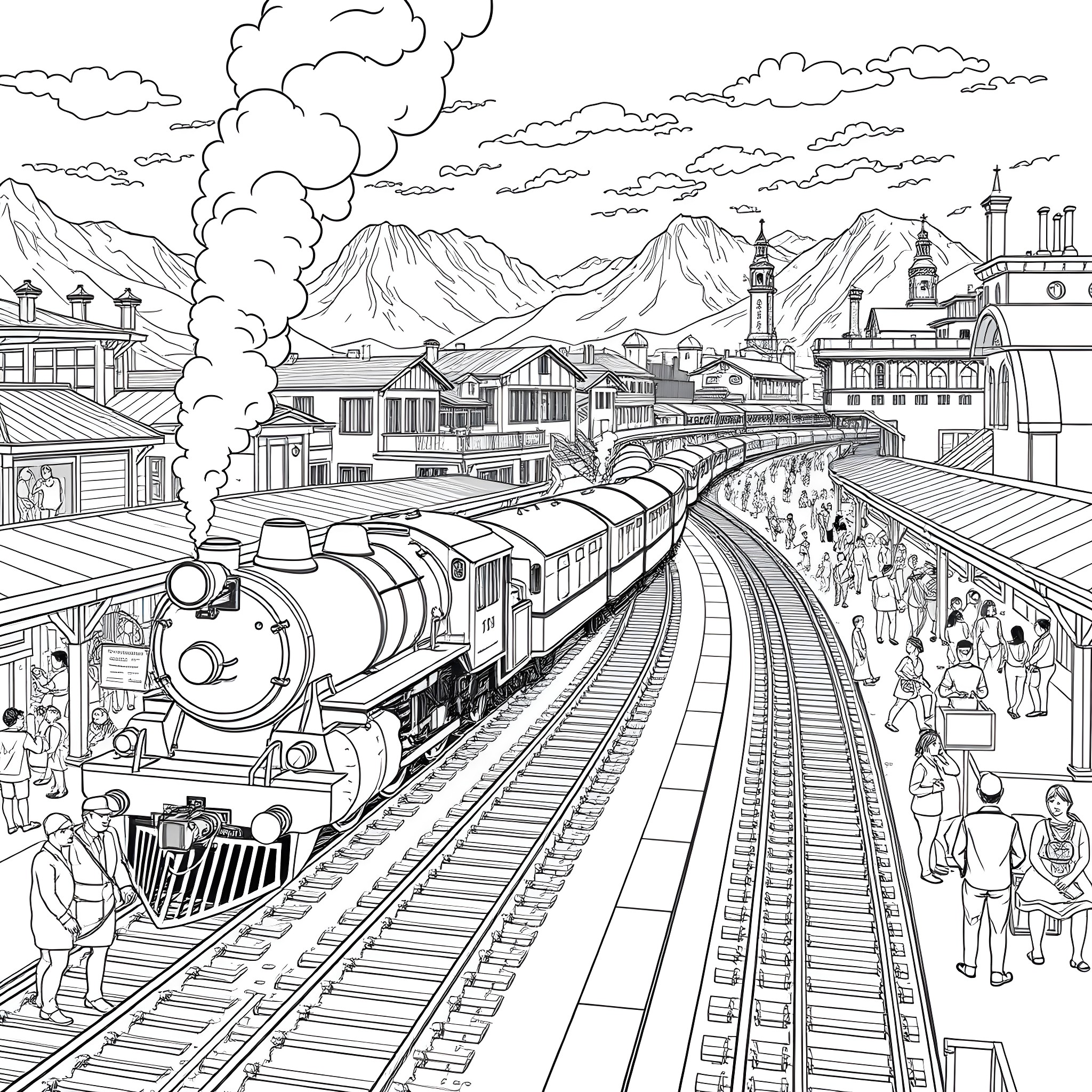 Train passing through a bustling mountain town Coloring Page (free black-and-white line drawing printable PDF for all, from beginners to advanced learners, including children, teens, adults, and seniors)