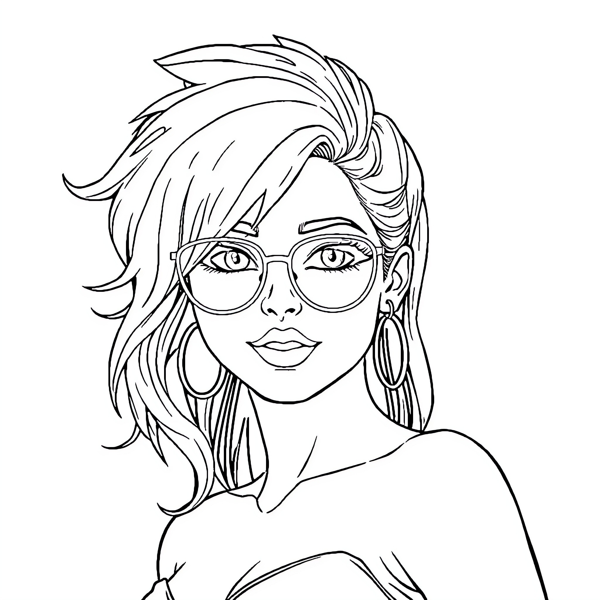 Anime Woman with Stylish Glasses and Earrings Coloring Page (free black-and-white line drawing printable PDF for all, from beginners to advanced learners, including children, teens, adults, and seniors)