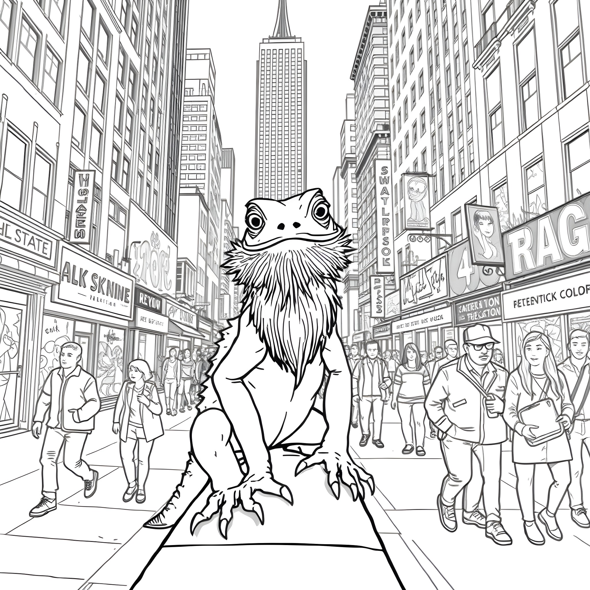 Bearded Dragon Exploring the Bustling City Streets Coloring Page (free black-and-white line drawing printable PDF for all, from beginners to advanced learners, including children, teens, adults, and seniors)