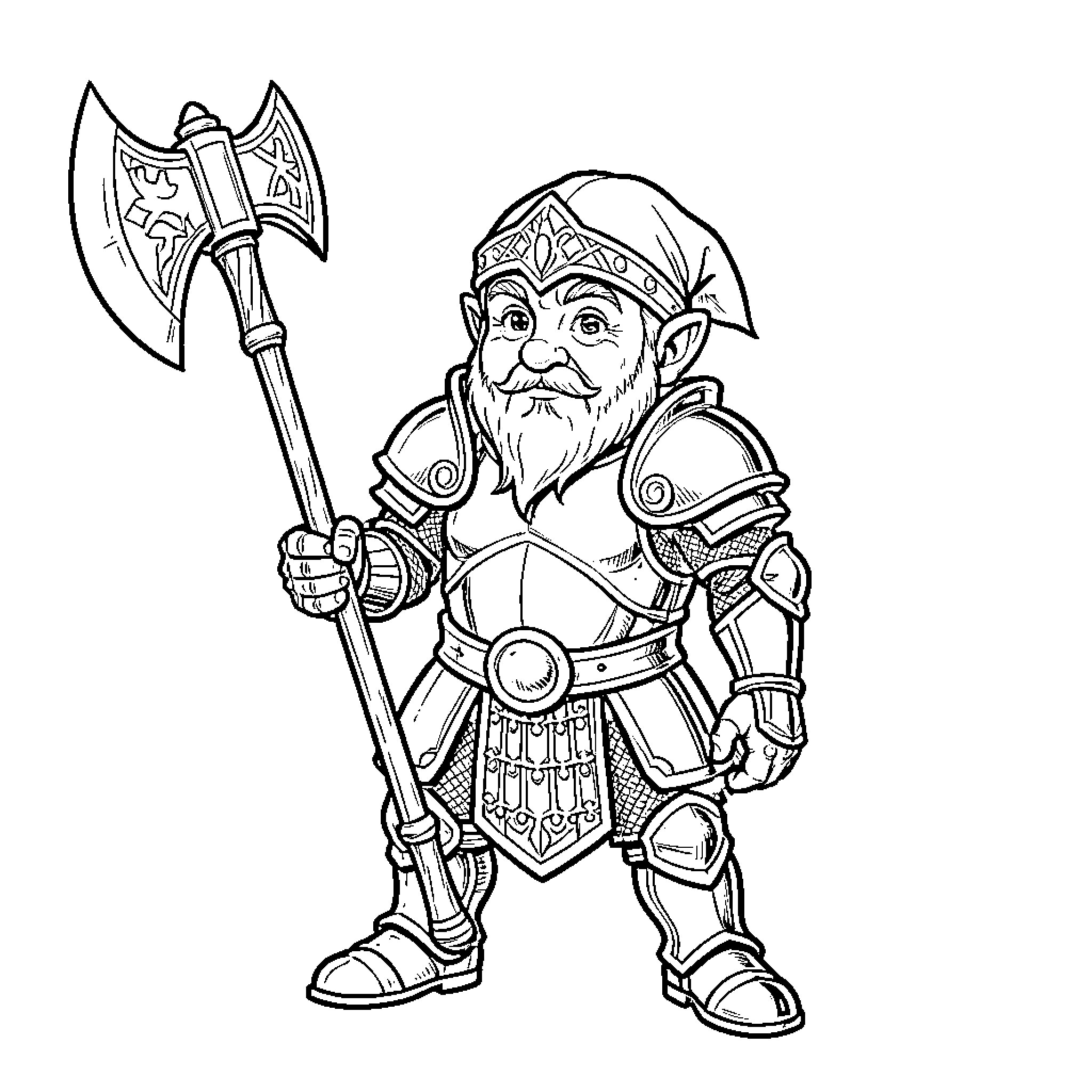 Dwarf warrior wielding a mighty battle-axe Coloring Page (free black-and-white line drawing printable PDF for all, from beginners to advanced learners, including children, teens, adults, and seniors)