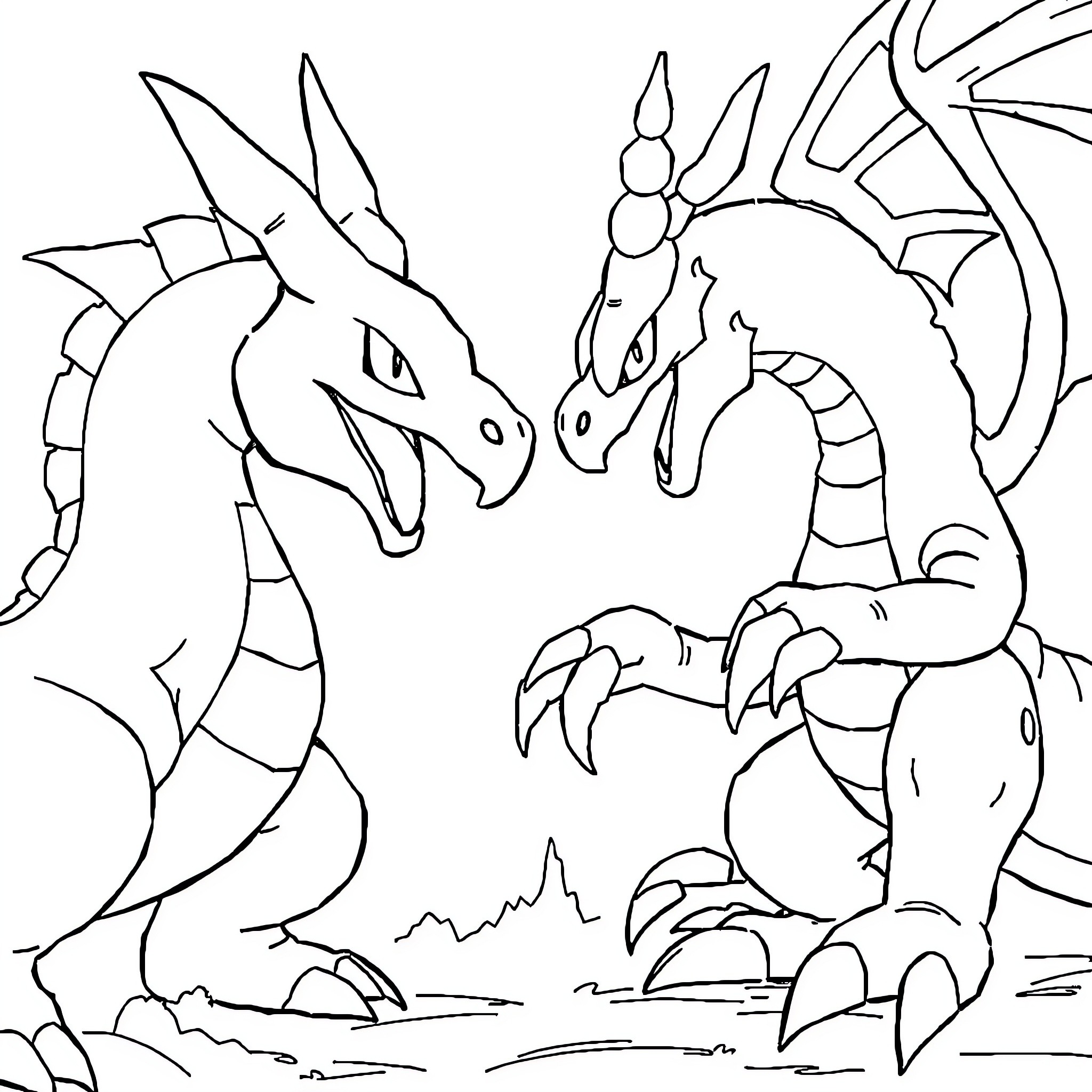 Pokémon dragons engaged in fierce battle Coloring Page (free black-and-white line drawing printable PDF for all, from beginners to advanced learners, including children, teens, adults, and seniors)