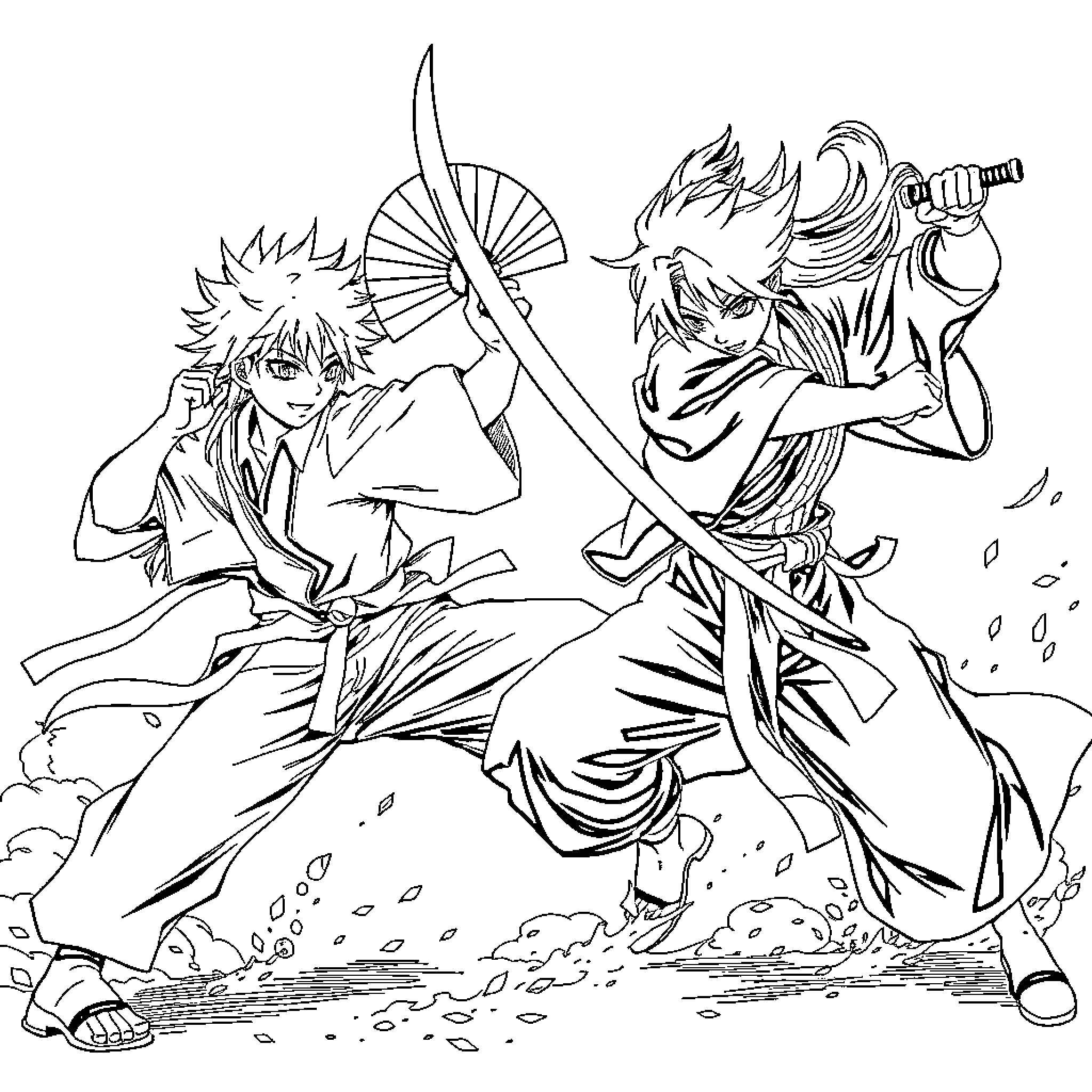 Anime Characters in Intense Battle Stance Coloring Page (free black-and-white line drawing printable PDF for all, from beginners to advanced learners, including children, teens, adults, and seniors)