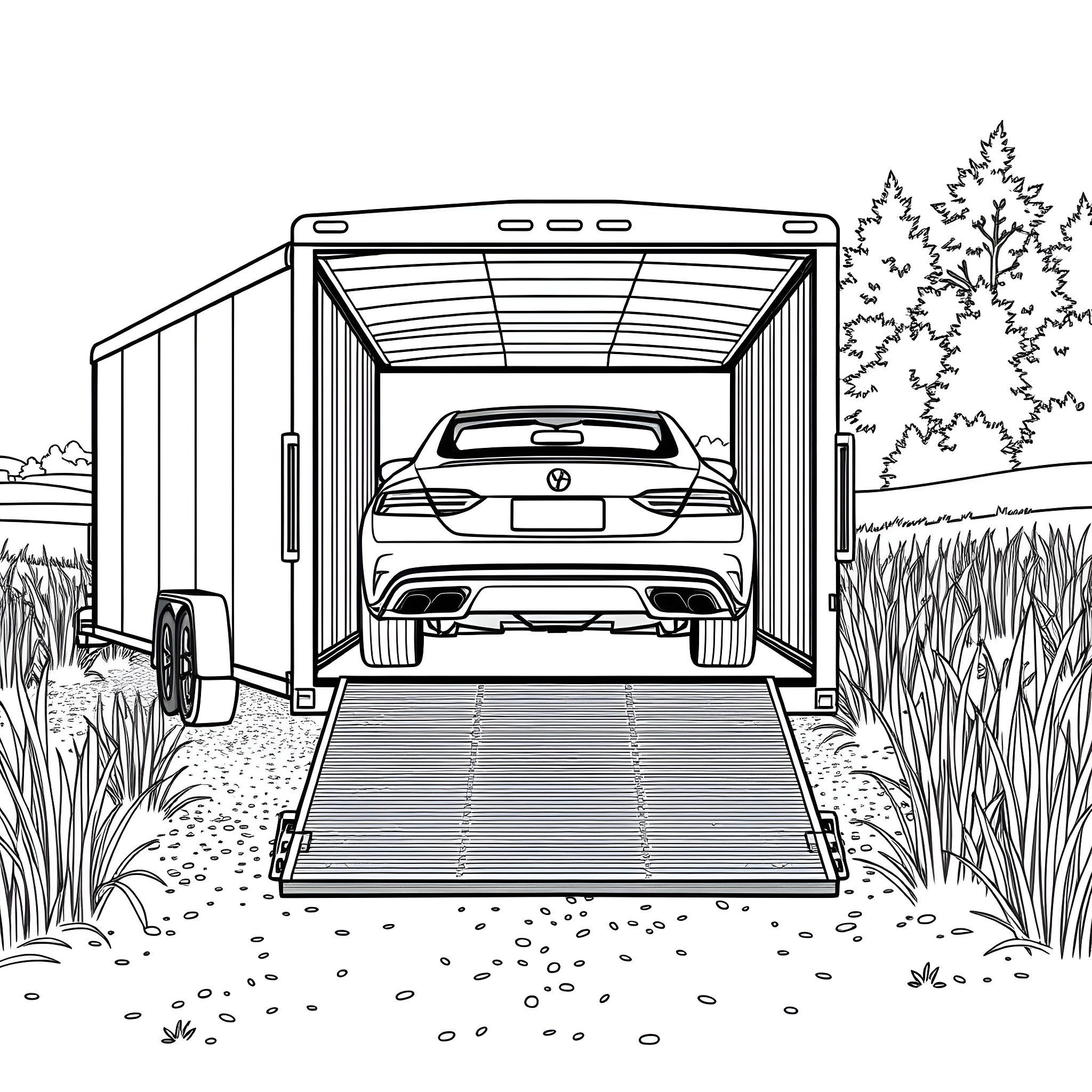 Car Trailer Transporting Sedan on Rural Road Coloring Page (free black-and-white line drawing printable PDF for all, from beginners to advanced learners, including children, teens, adults, and seniors)