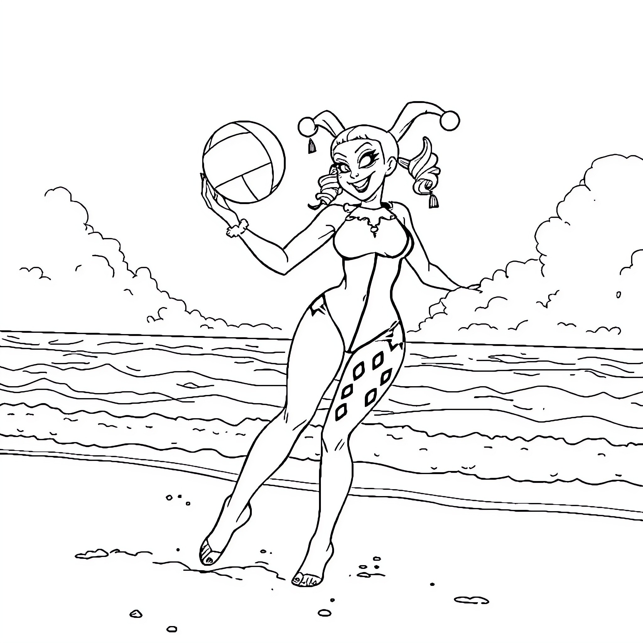 Harley Quinn's Playful Beach Adventure Coloring Page (free black-and-white line drawing printable PDF for all, from beginners to advanced learners, including children, teens, adults, and seniors)