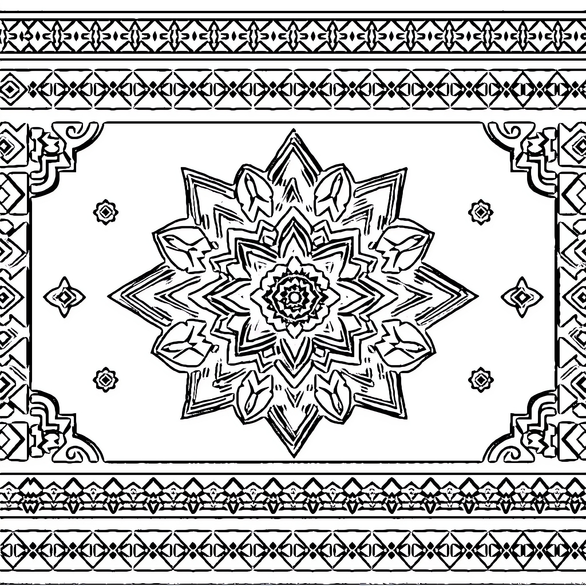 Kuba's Intricate Tribal Mandala Design Coloring Page (free black-and-white line drawing printable PDF for all, from beginners to advanced learners, including children, teens, adults, and seniors)