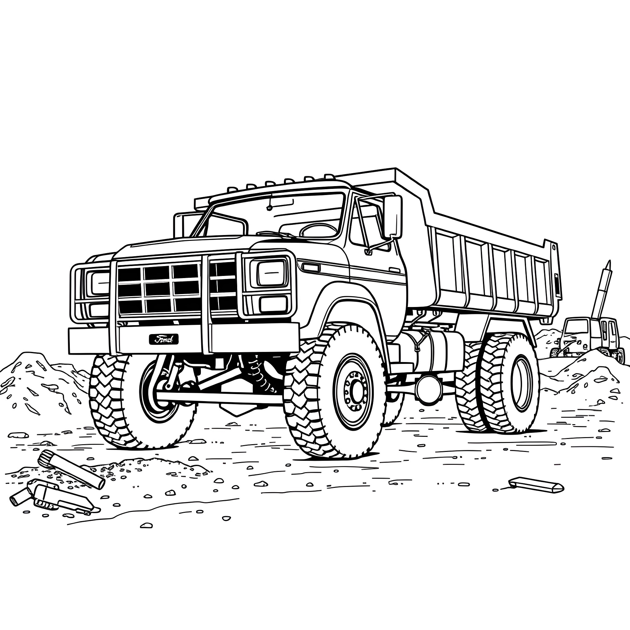 Ford off-road construction dump truck Coloring Page (free black-and-white line drawing printable PDF for all, from beginners to advanced learners, including children, teens, adults, and seniors)