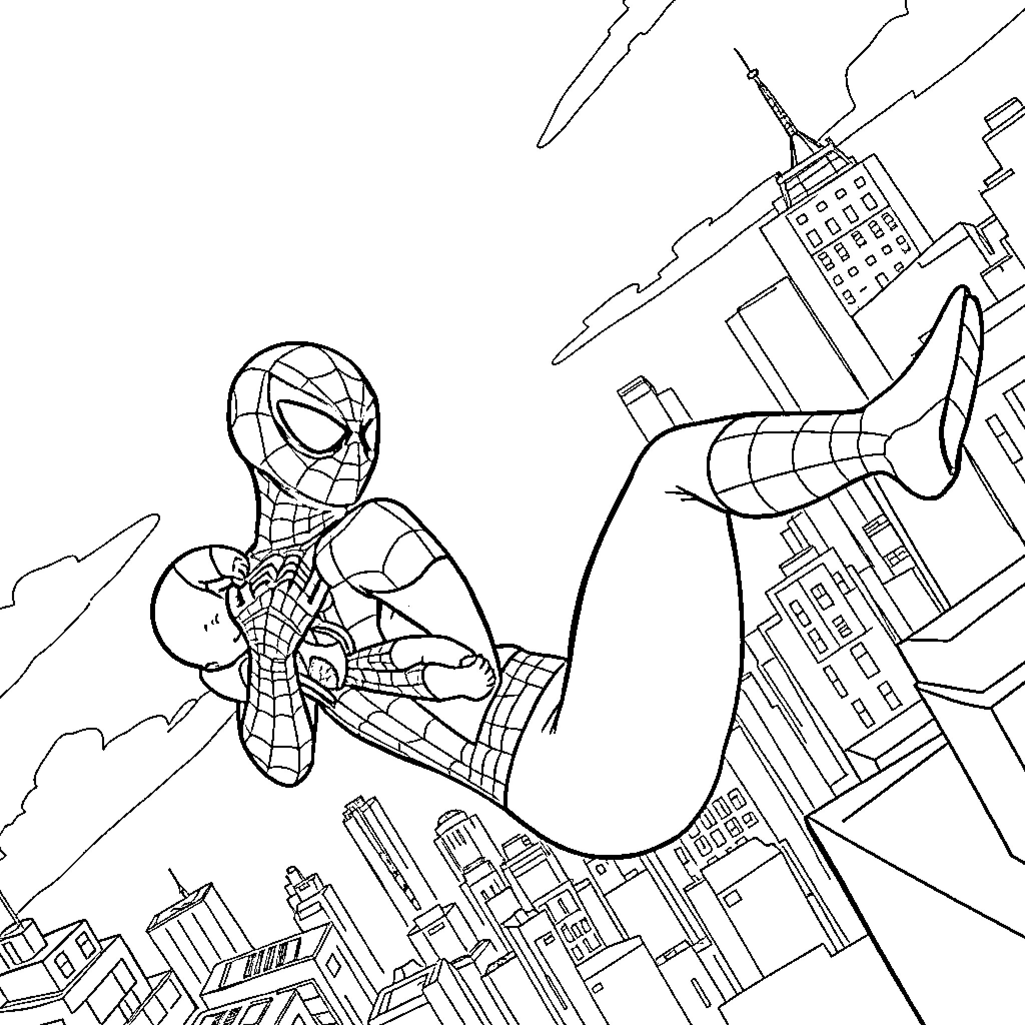Spiderman swinging through the city skyline Coloring Page (free black-and-white line drawing printable PDF for all, from beginners to advanced learners, including children, teens, adults, and seniors)