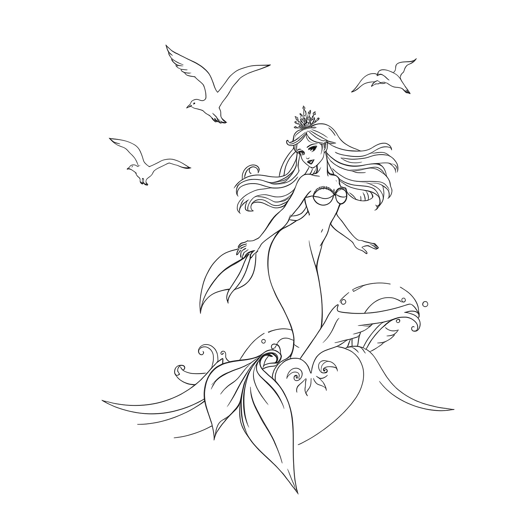 Mermaid Swimming Gracefully with Seabirds Coloring Page (free black-and-white line drawing printable PDF for all, from beginners to advanced learners, including children, teens, adults, and seniors)