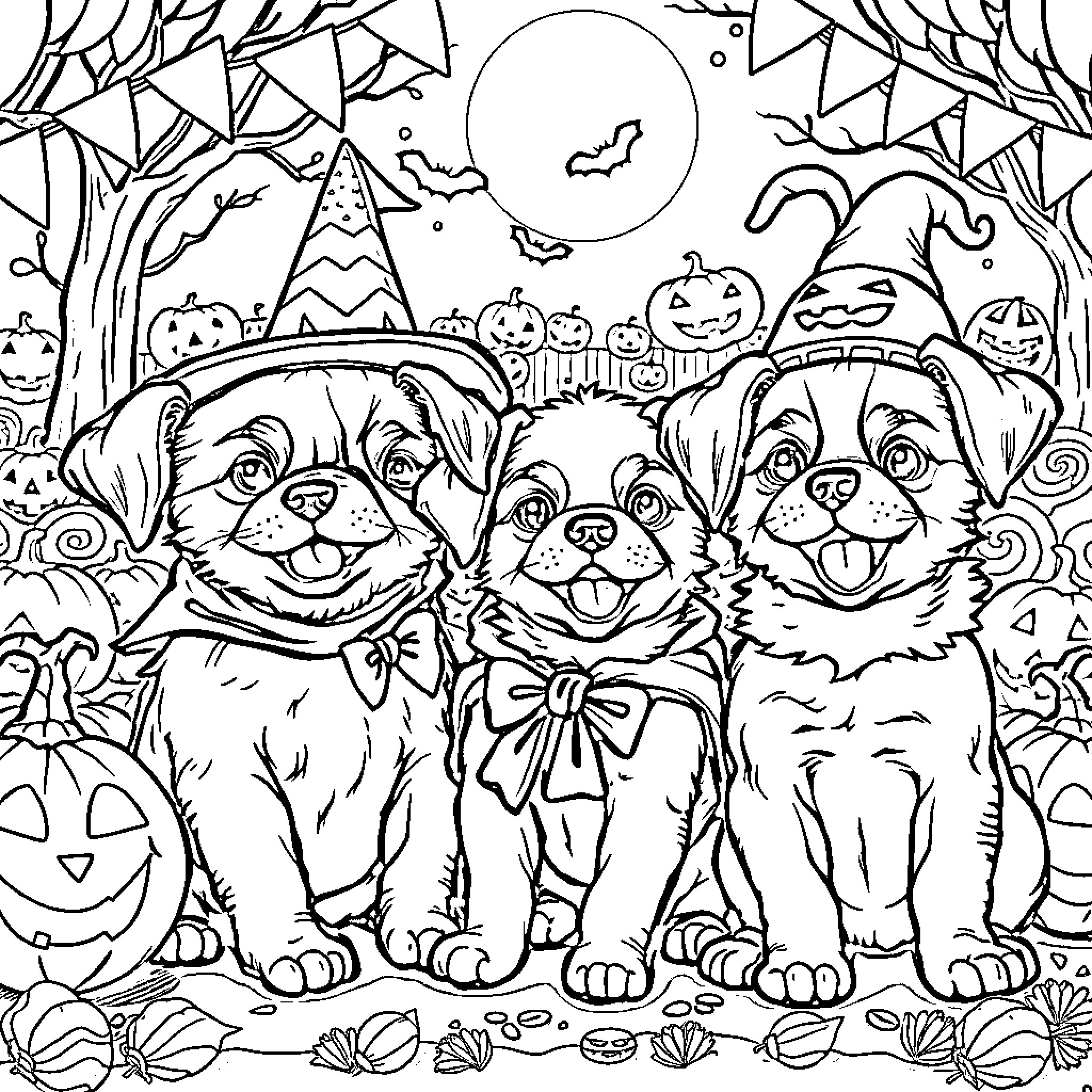 Puppy Trio in Halloween Costumes and Decor Coloring Page (free black-and-white line drawing printable PDF for all, from beginners to advanced learners, including children, teens, adults, and seniors)