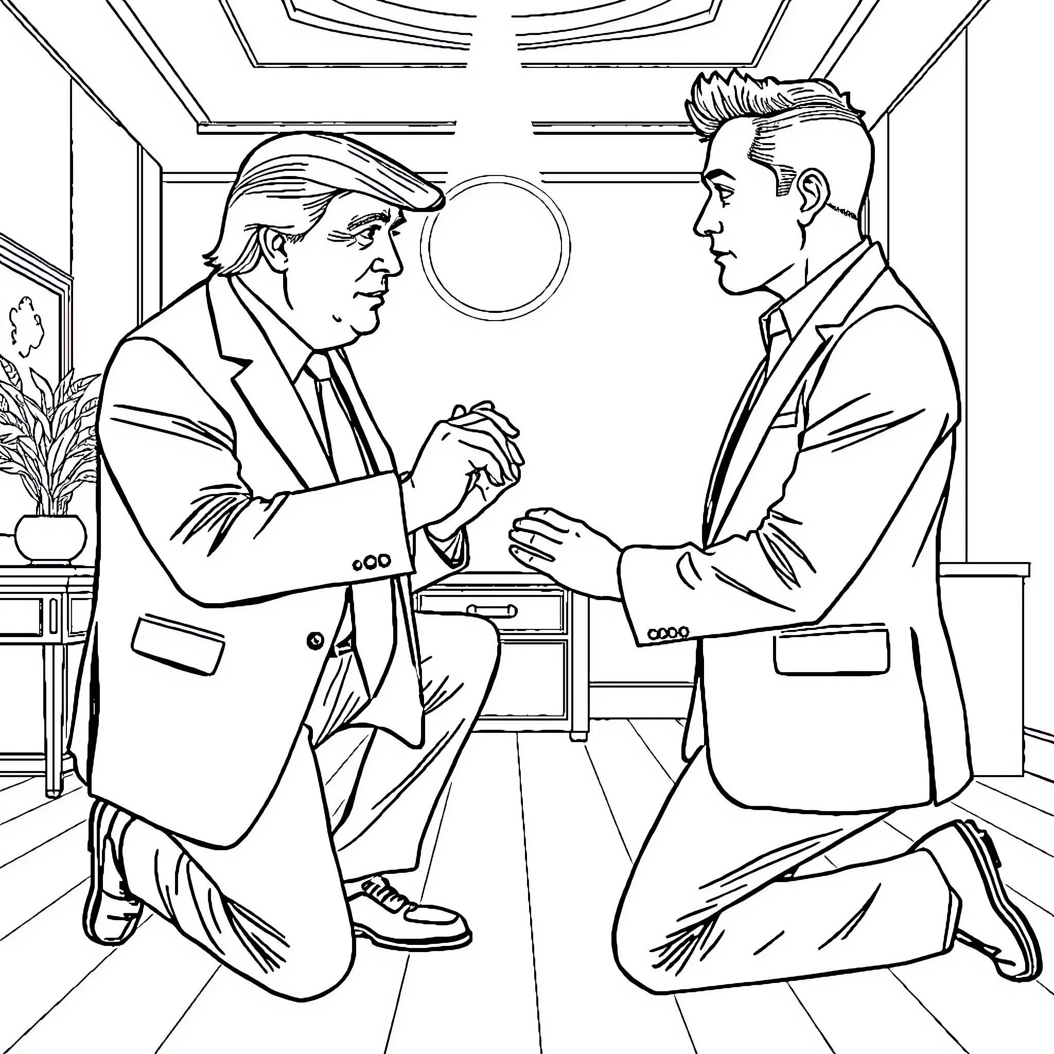 Donald Trump in heated discussion with another man Coloring Page (free black-and-white line drawing printable PDF for all, from beginners to advanced learners, including children, teens, adults, and seniors)