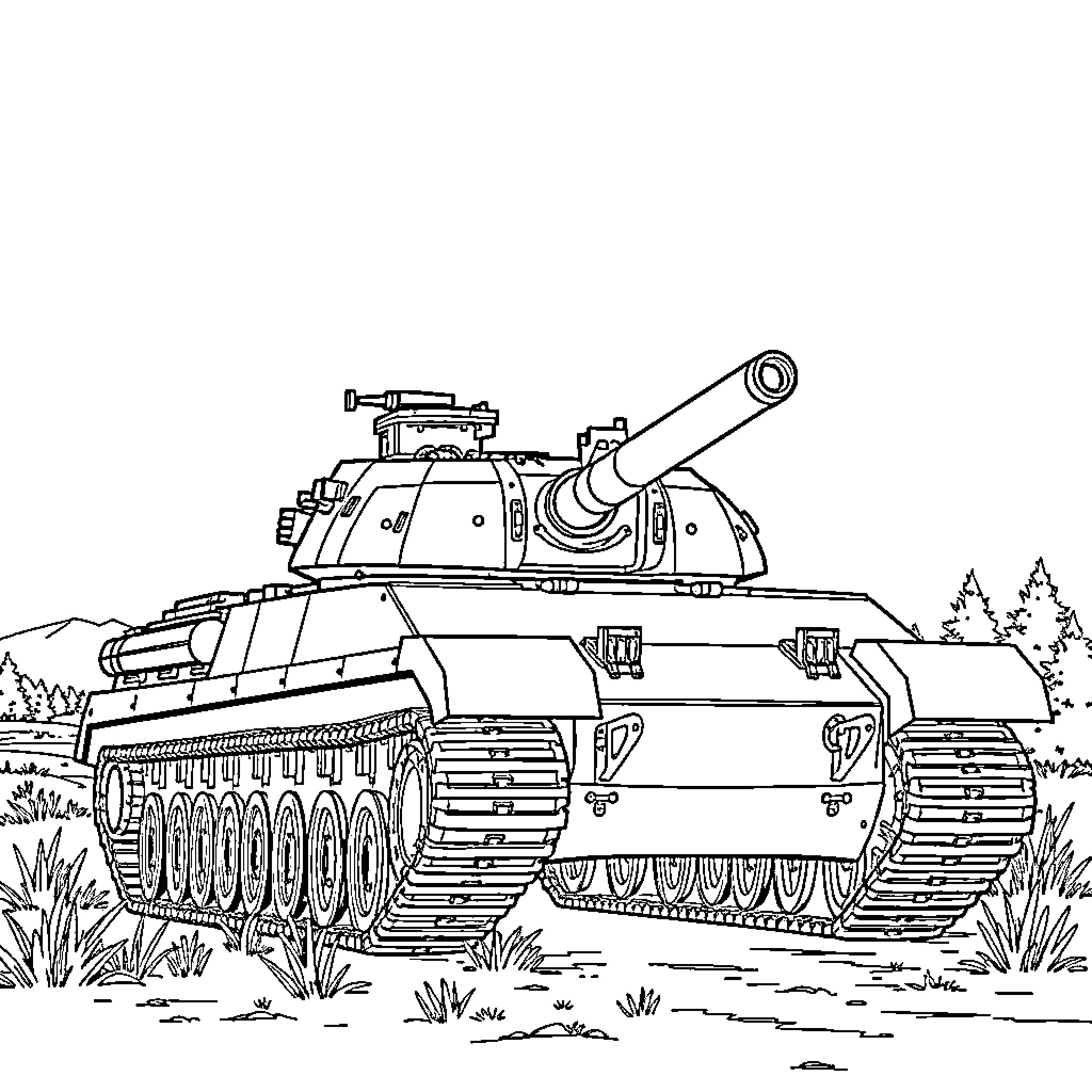 Tank in the field on the battlefield Coloring Page (free black-and-white line drawing printable PDF for all, from beginners to advanced learners, including children, teens, adults, and seniors)
