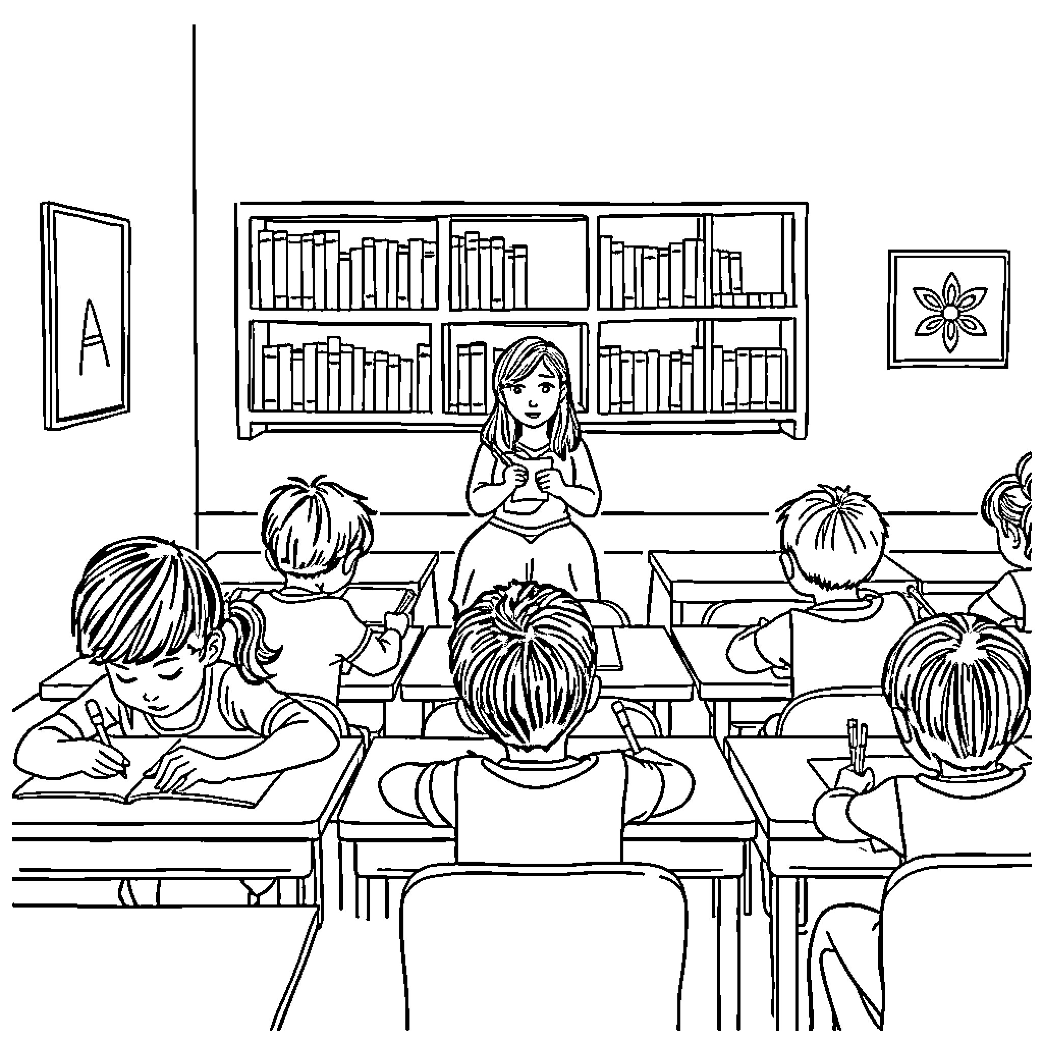 Children Reading and Learning in Classroom Coloring Page (free black-and-white line drawing printable PDF for all, from beginners to advanced learners, including children, teens, adults, and seniors)