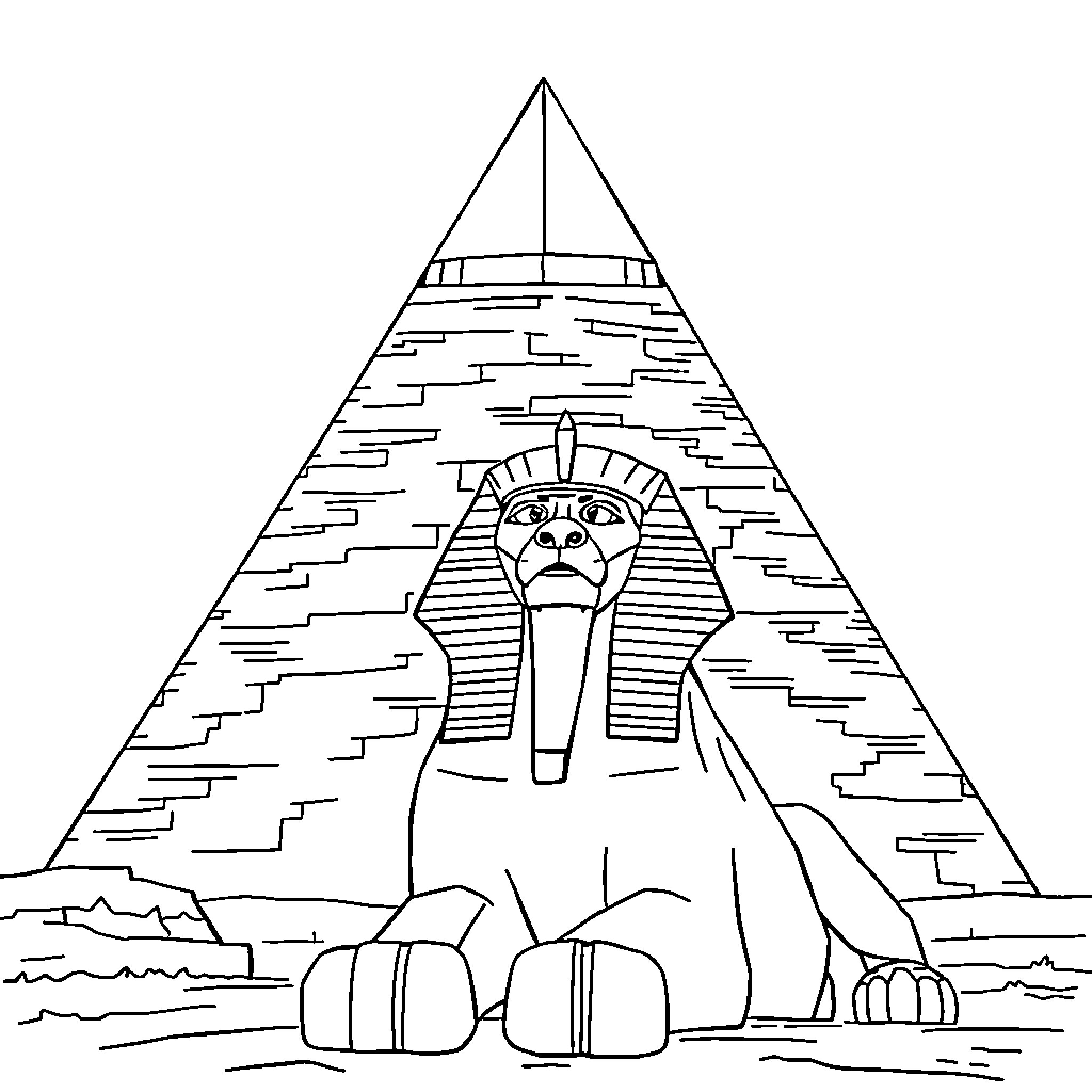 Pyramid with a Sphinx statue Coloring Page (free black-and-white line drawing printable PDF for all, from beginners to advanced learners, including children, teens, adults, and seniors)