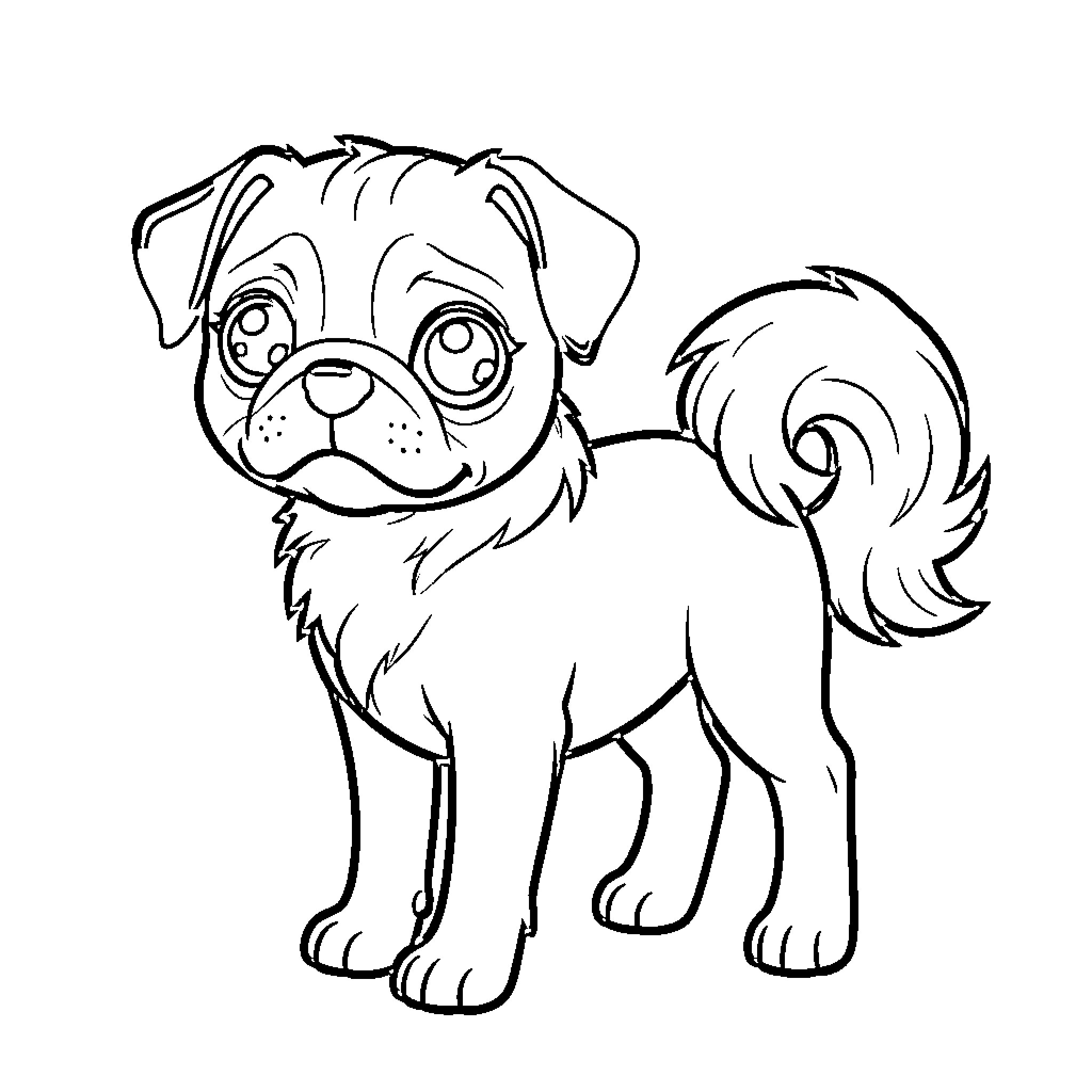 Pug puppy with curious expression Coloring Page (free black-and-white line drawing printable PDF for all, from beginners to advanced learners, including children, teens, adults, and seniors)
