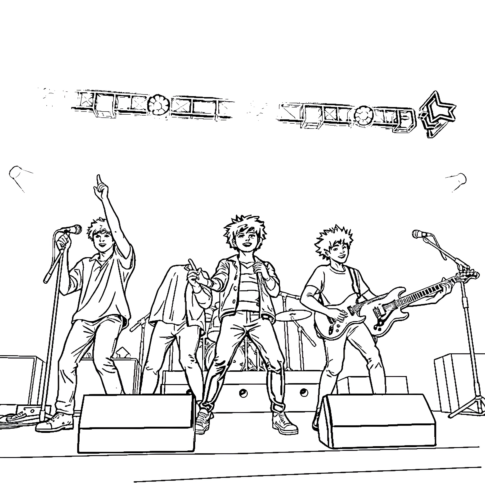 Stray Kids' Energetic Music Performance Coloring Page (free black-and-white line drawing printable PDF for all, from beginners to advanced learners, including children, teens, adults, and seniors)