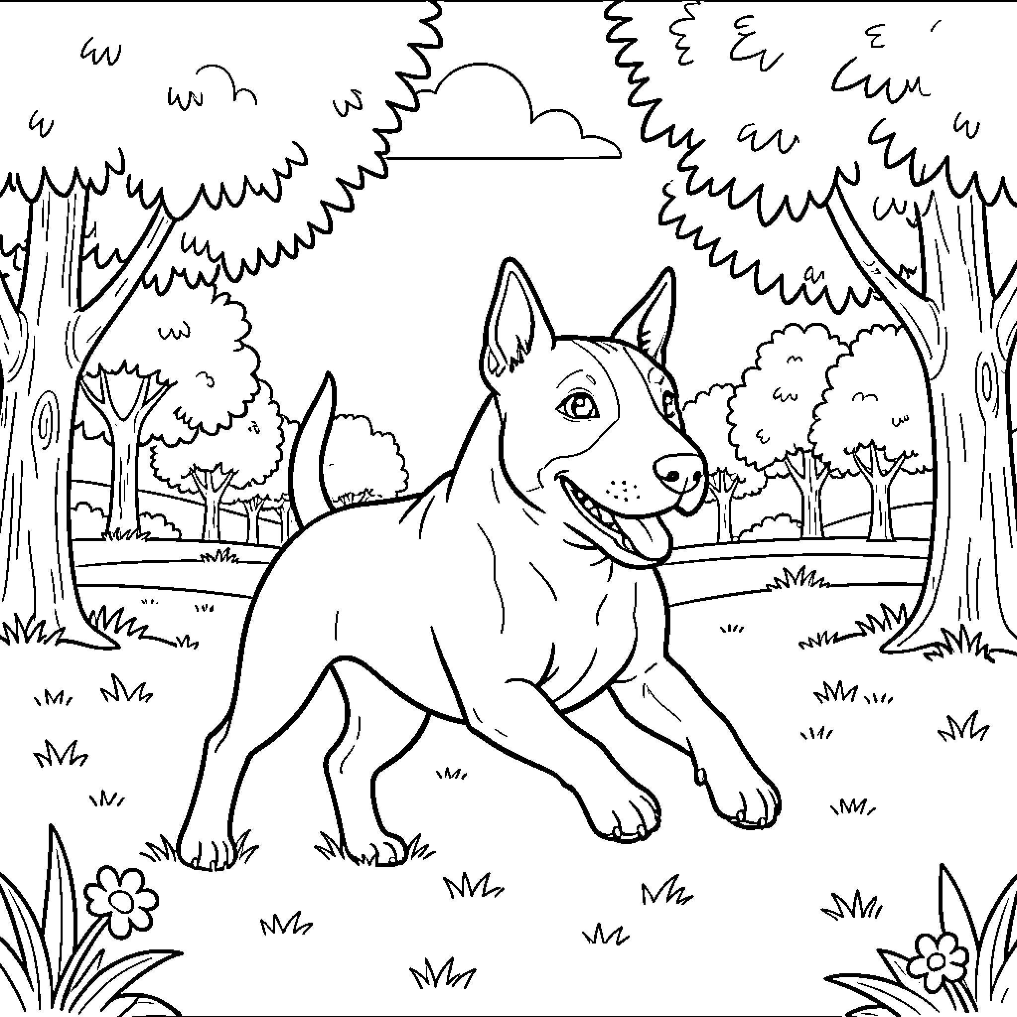 Bull Terrier exploring the forest landscape Coloring Page (free black-and-white line drawing printable PDF for all, from beginners to advanced learners, including children, teens, adults, and seniors)
