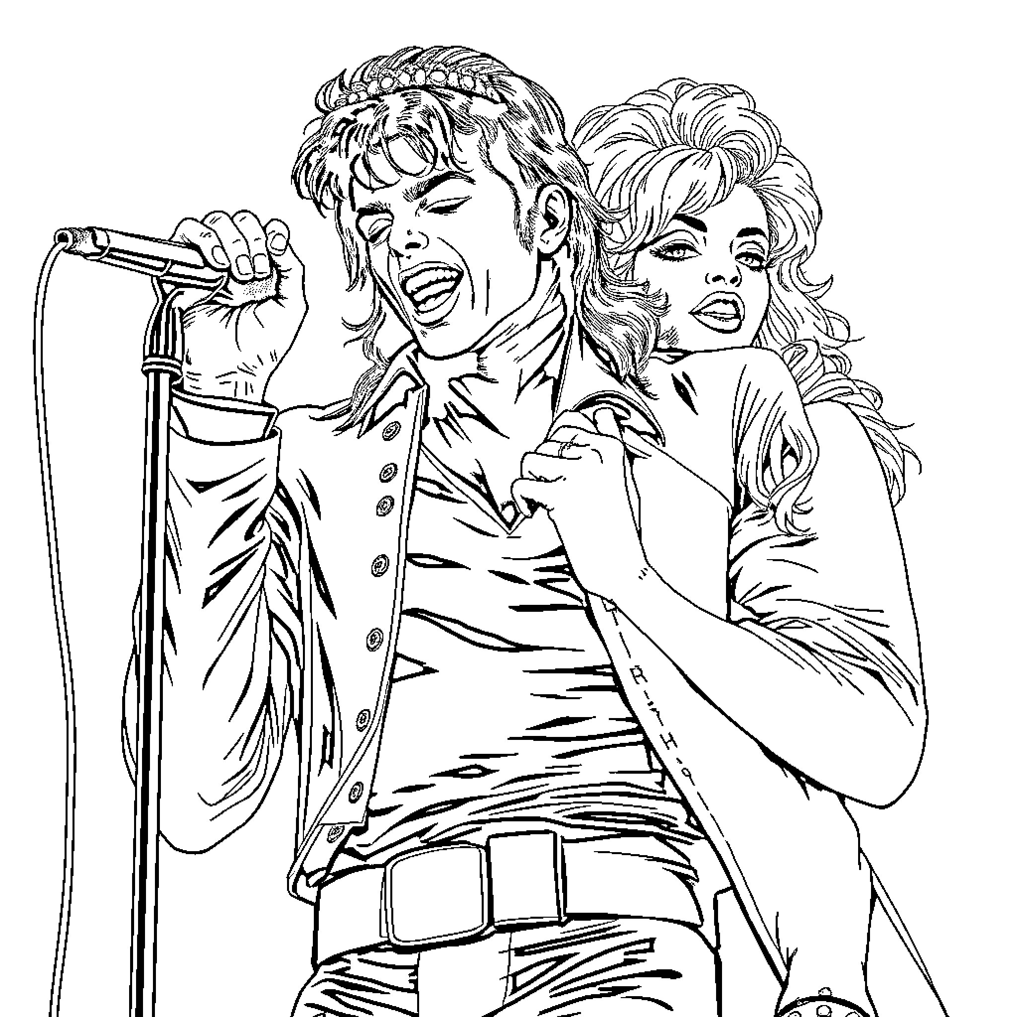 Michael Jackson's Energetic Stage Performance Coloring Page (free black-and-white line drawing printable PDF for all, from beginners to advanced learners, including children, teens, adults, and seniors)