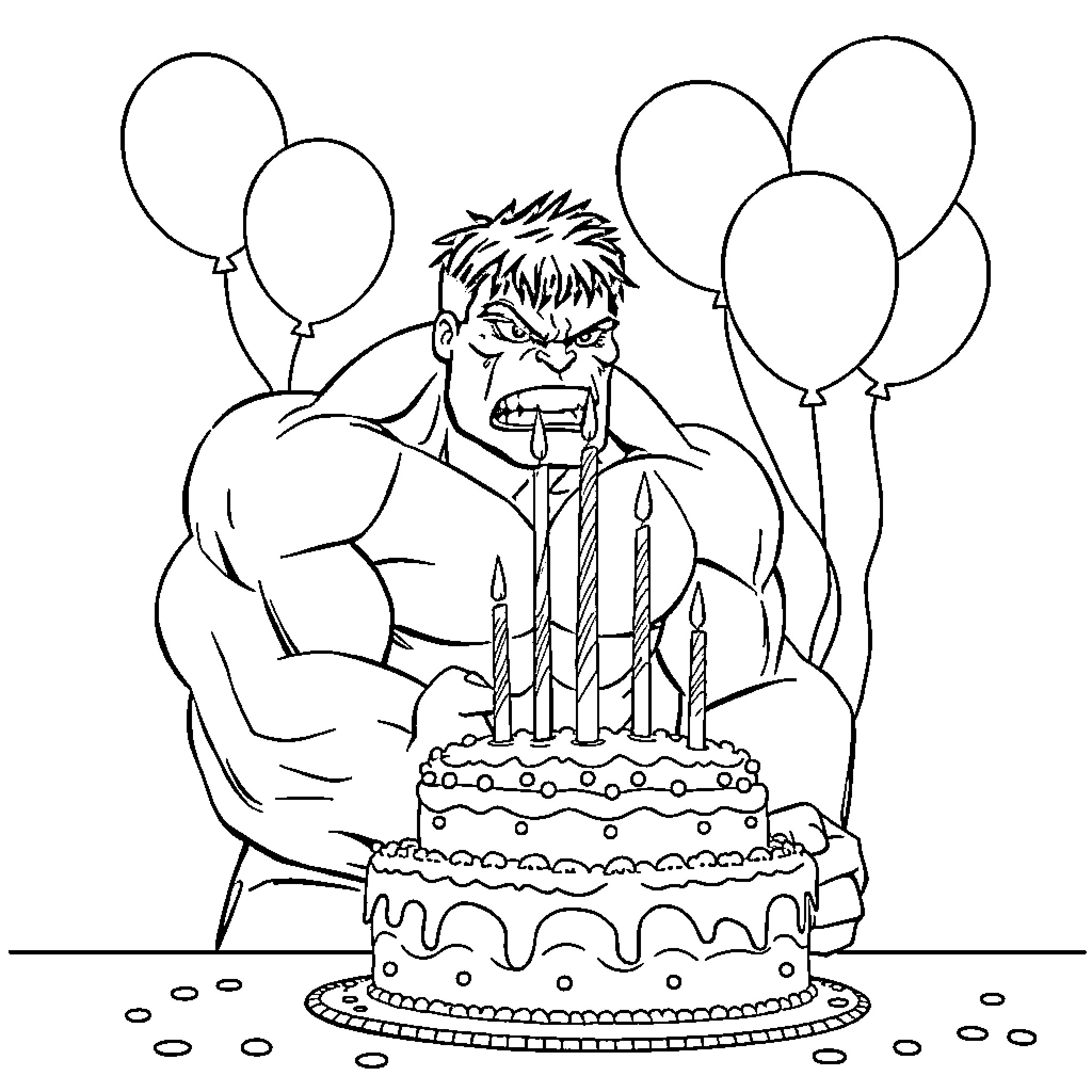 Hulk Angrily Blowing Out Birthday Cake Candles Coloring Page (free black-and-white line drawing printable PDF for all, from beginners to advanced learners, including children, teens, adults, and seniors)