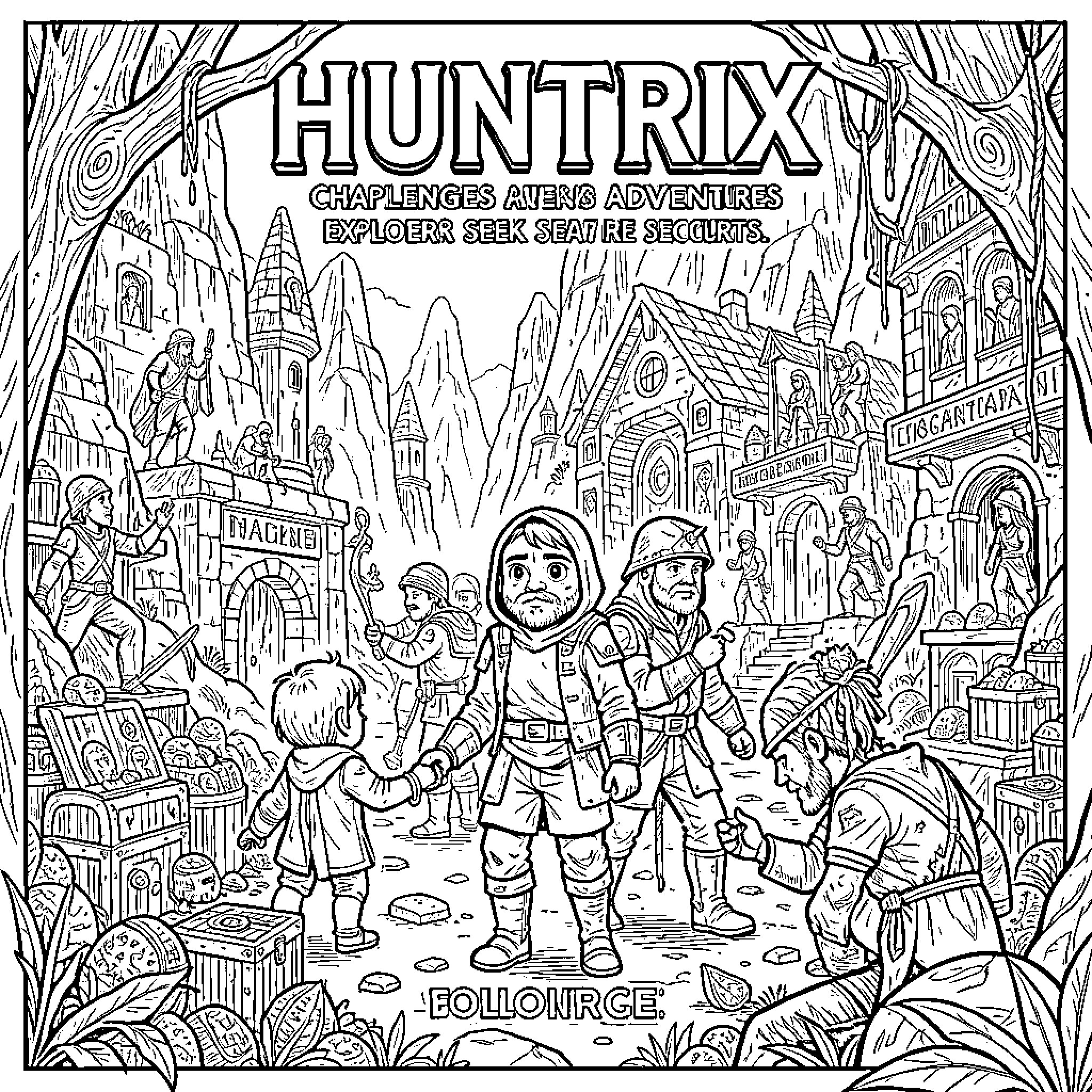 Huntrix characters exploring an ancient mountain village Coloring Page (free black-and-white line drawing printable PDF for all, from beginners to advanced learners, including children, teens, adults, and seniors)