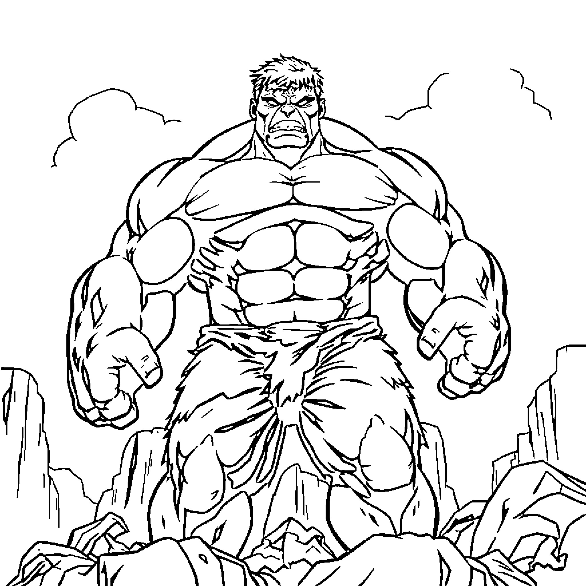 Hulk unleashing power in rugged terrain Coloring Page (free black-and-white line drawing printable PDF for all, from beginners to advanced learners, including children, teens, adults, and seniors)