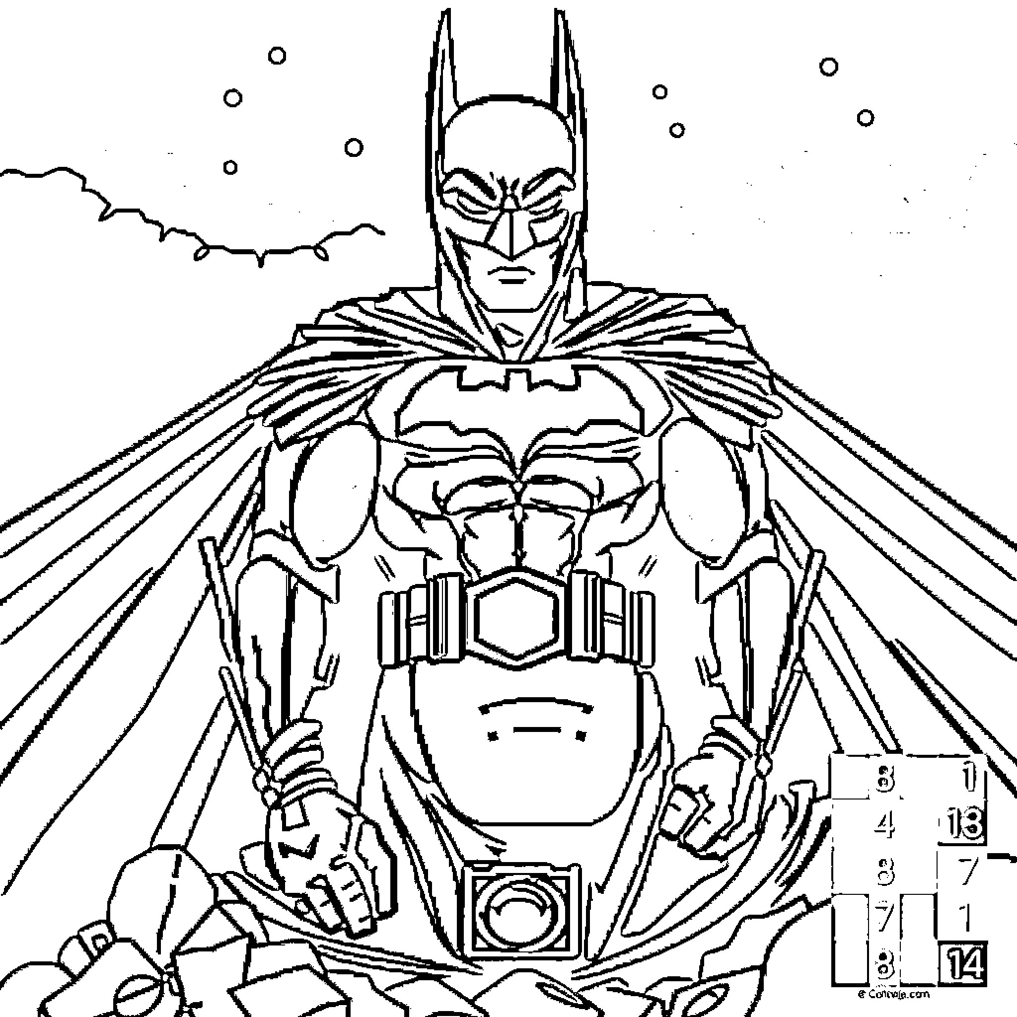 Batman in heroic pose with detailed costume Coloring Page (free black-and-white line drawing printable PDF for all, from beginners to advanced learners, including children, teens, adults, and seniors)