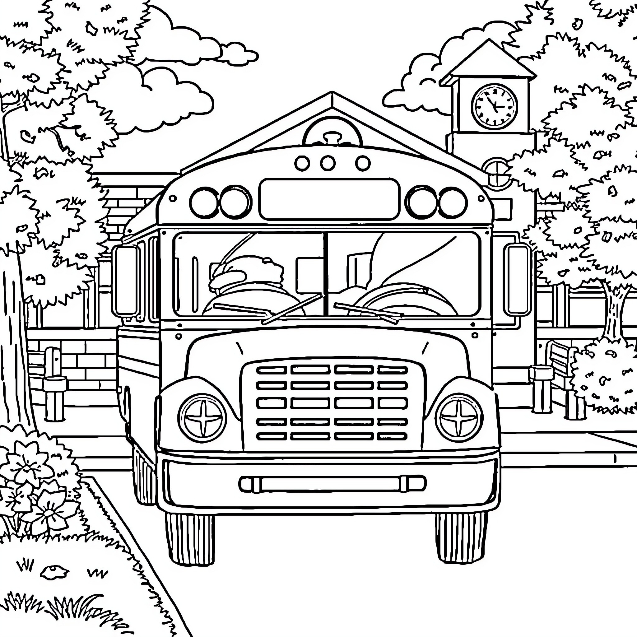 School Bus Parked at School Campus Coloring Page (free black-and-white line drawing printable PDF for all, from beginners to advanced learners, including children, teens, adults, and seniors)