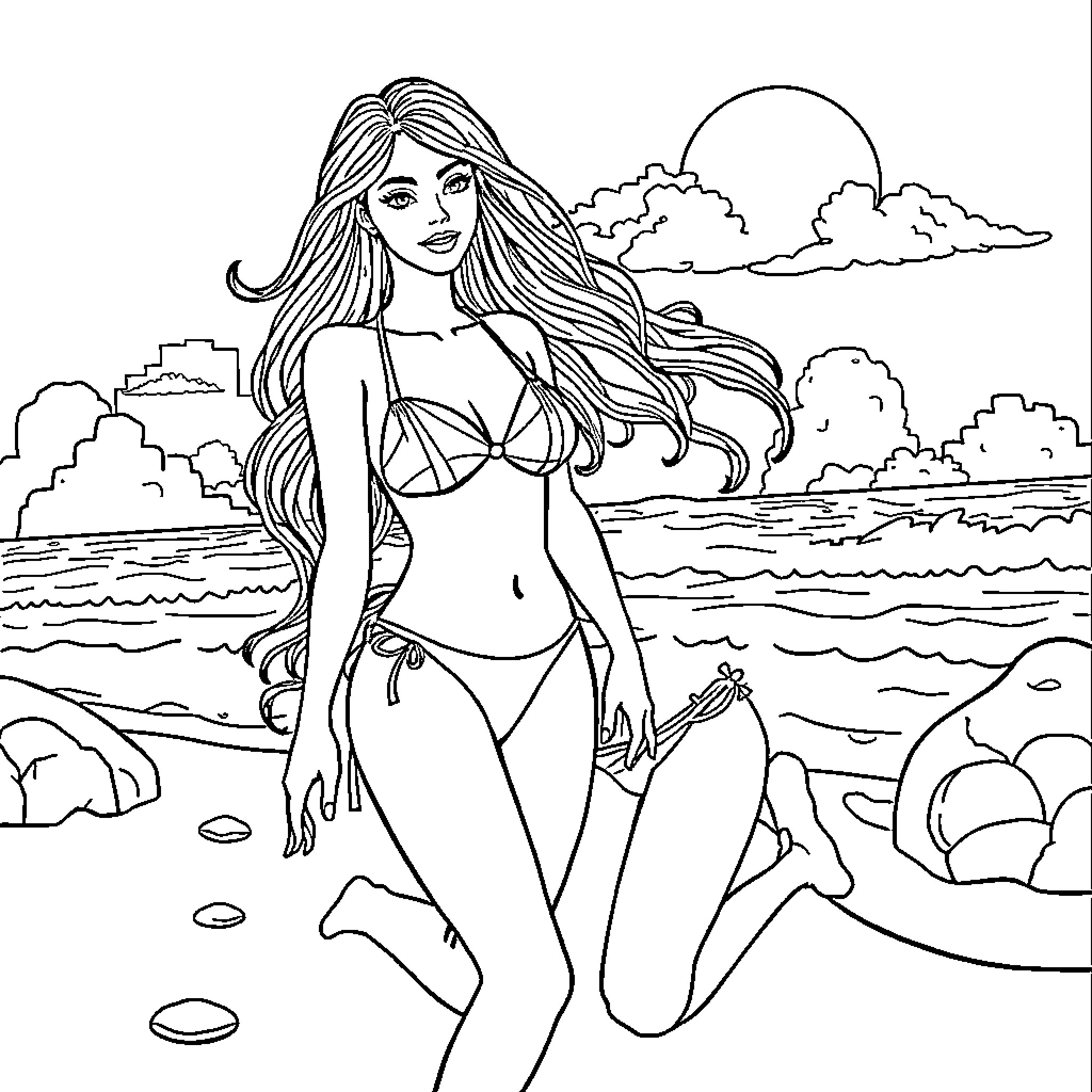 Ezra's Summer Vacation by the Beach Coloring Page (free black-and-white line drawing printable PDF for all, from beginners to advanced learners, including children, teens, adults, and seniors)