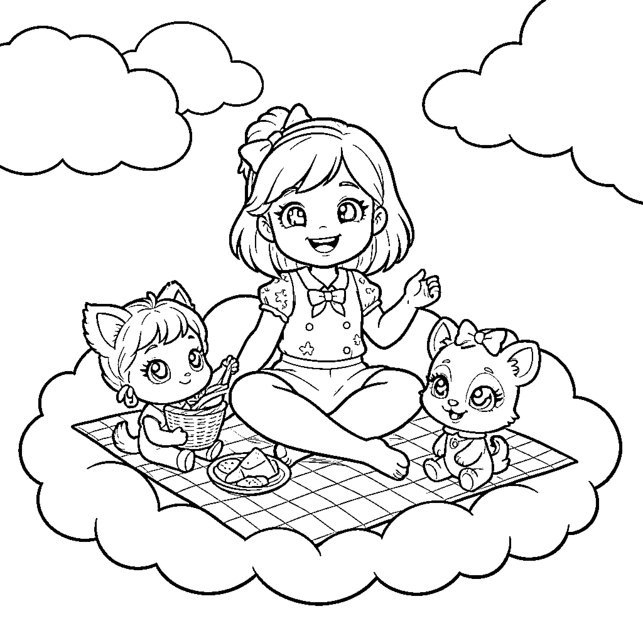 Girl enjoying a picnic with pet animals Coloring Page (free black-and-white line drawing printable PDF for all, from beginners to advanced learners, including children, teens, adults, and seniors)