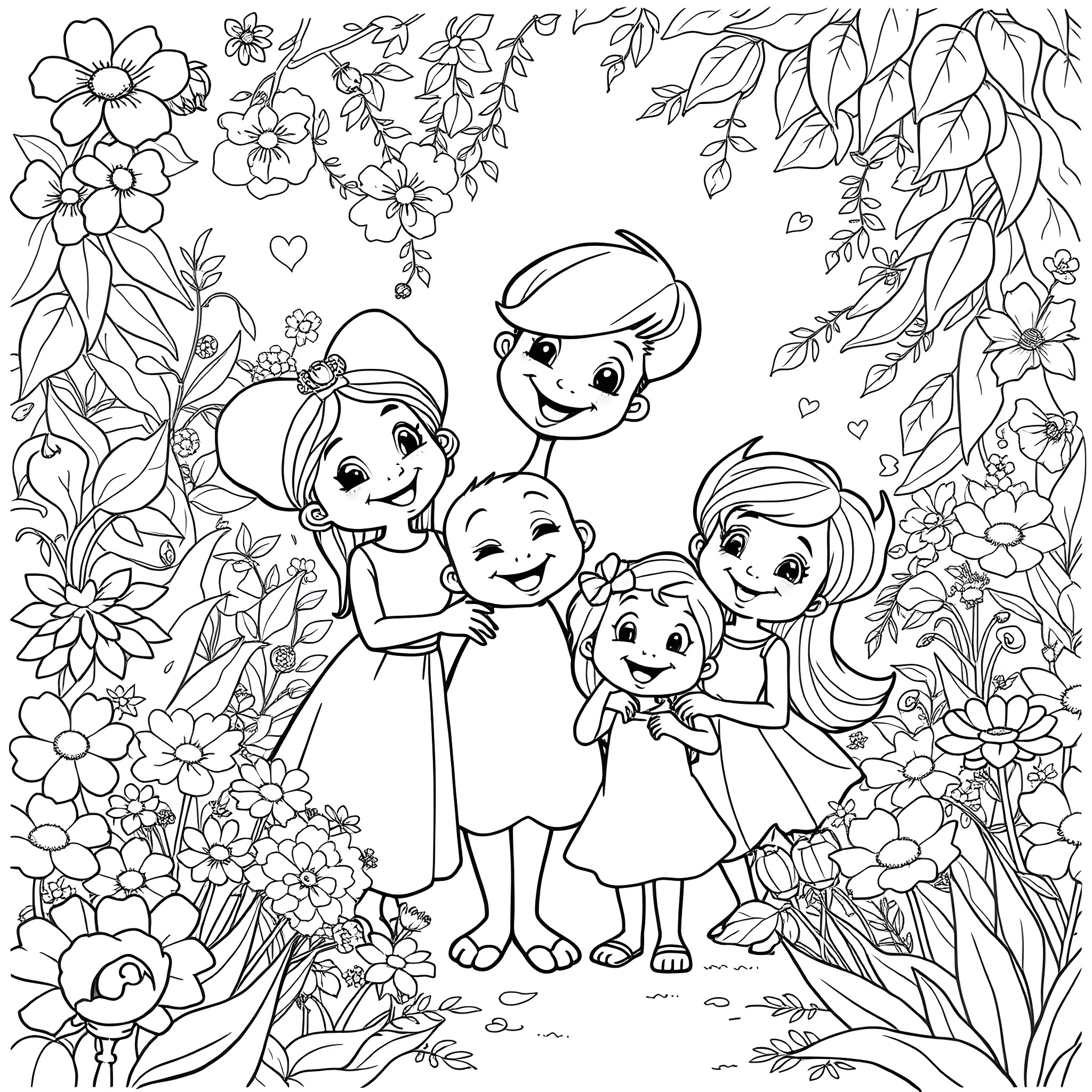 Bluey and friends playing happily in the garden Coloring Page (free black-and-white line drawing printable PDF for all, from beginners to advanced learners, including children, teens, adults, and seniors)