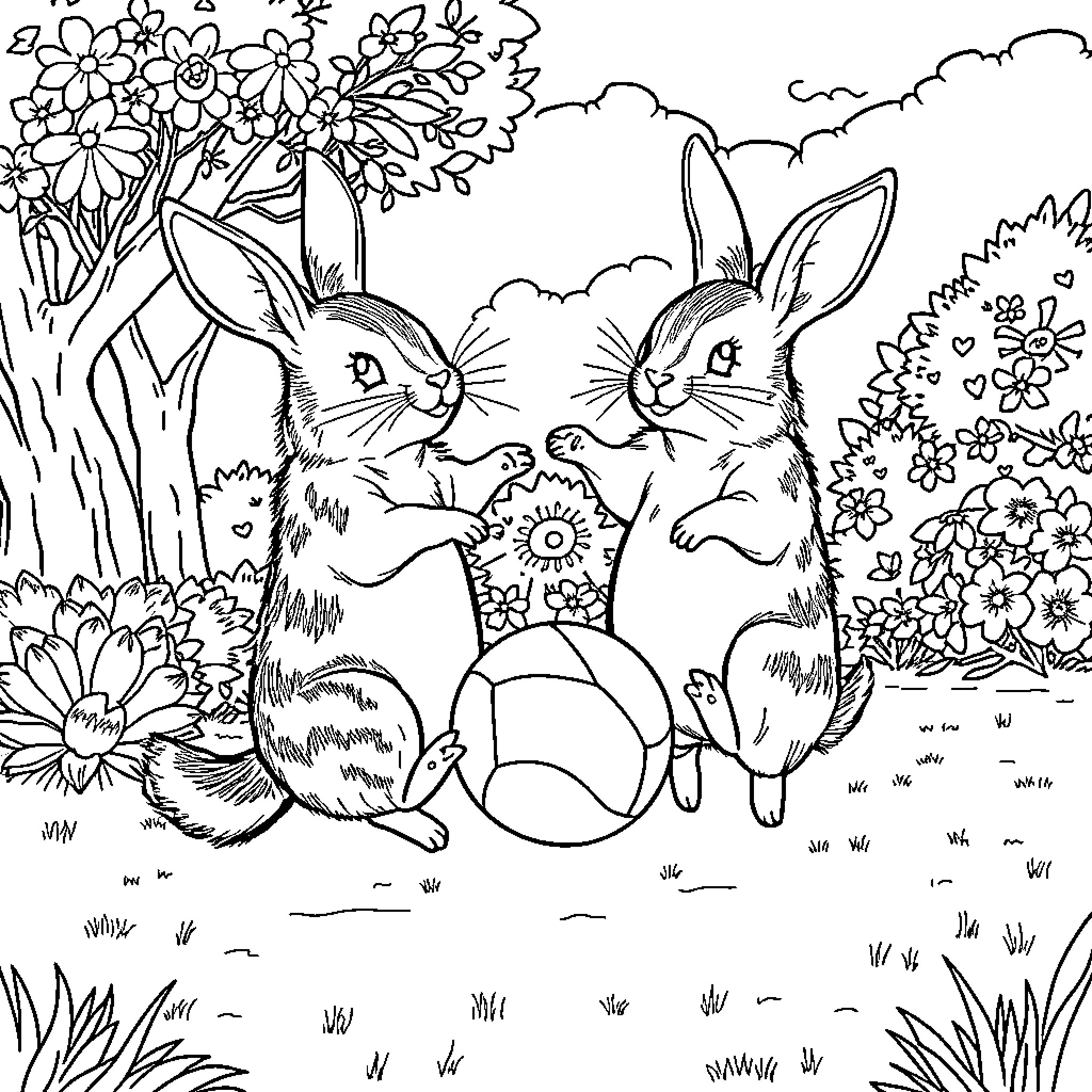 Conejo rabbits playing with colorful balls in a flower field Coloring Page (free black-and-white line drawing printable PDF for all, from beginners to advanced learners, including children, teens, adults, and seniors)