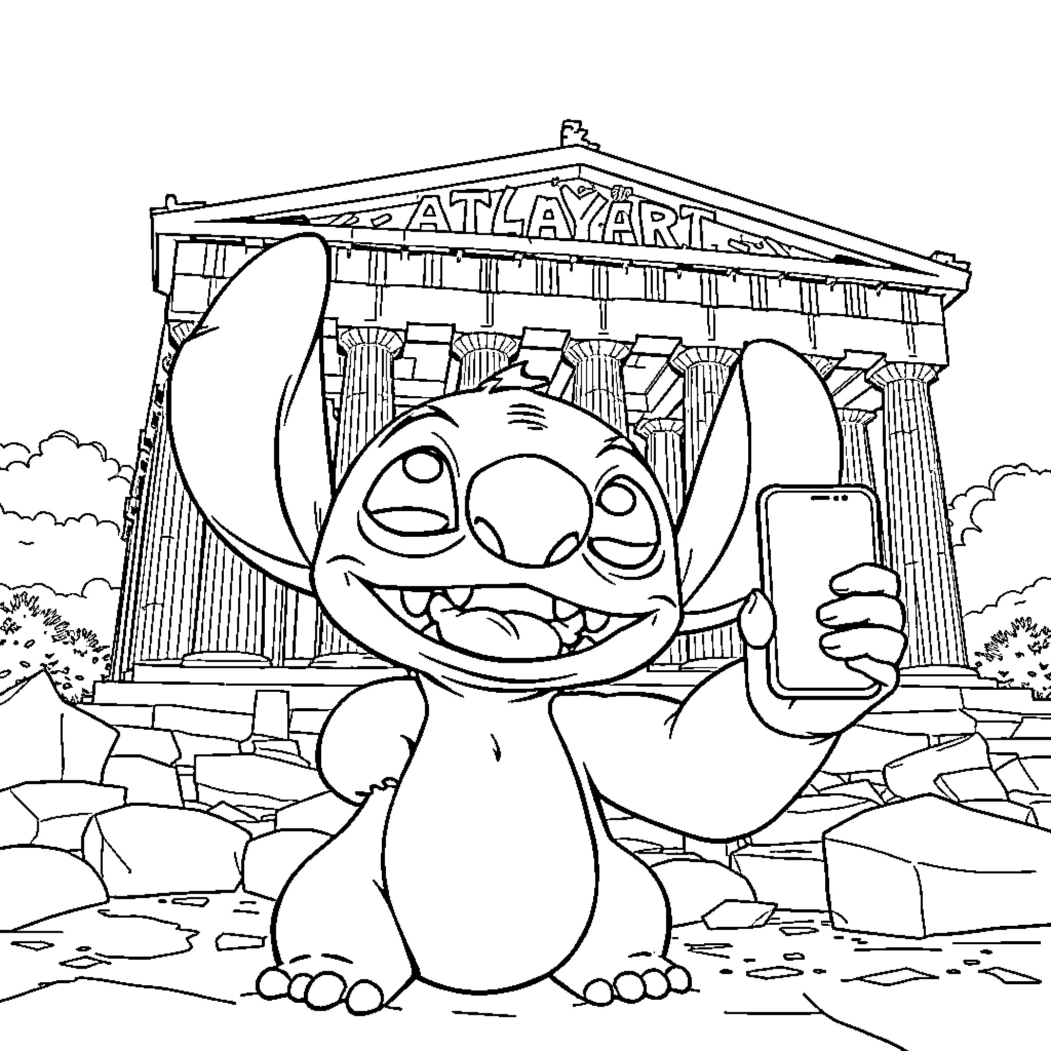 Stitch takes a selfie at the Parthenon Coloring Page (free black-and-white line drawing printable PDF for all, from beginners to advanced learners, including children, teens, adults, and seniors)