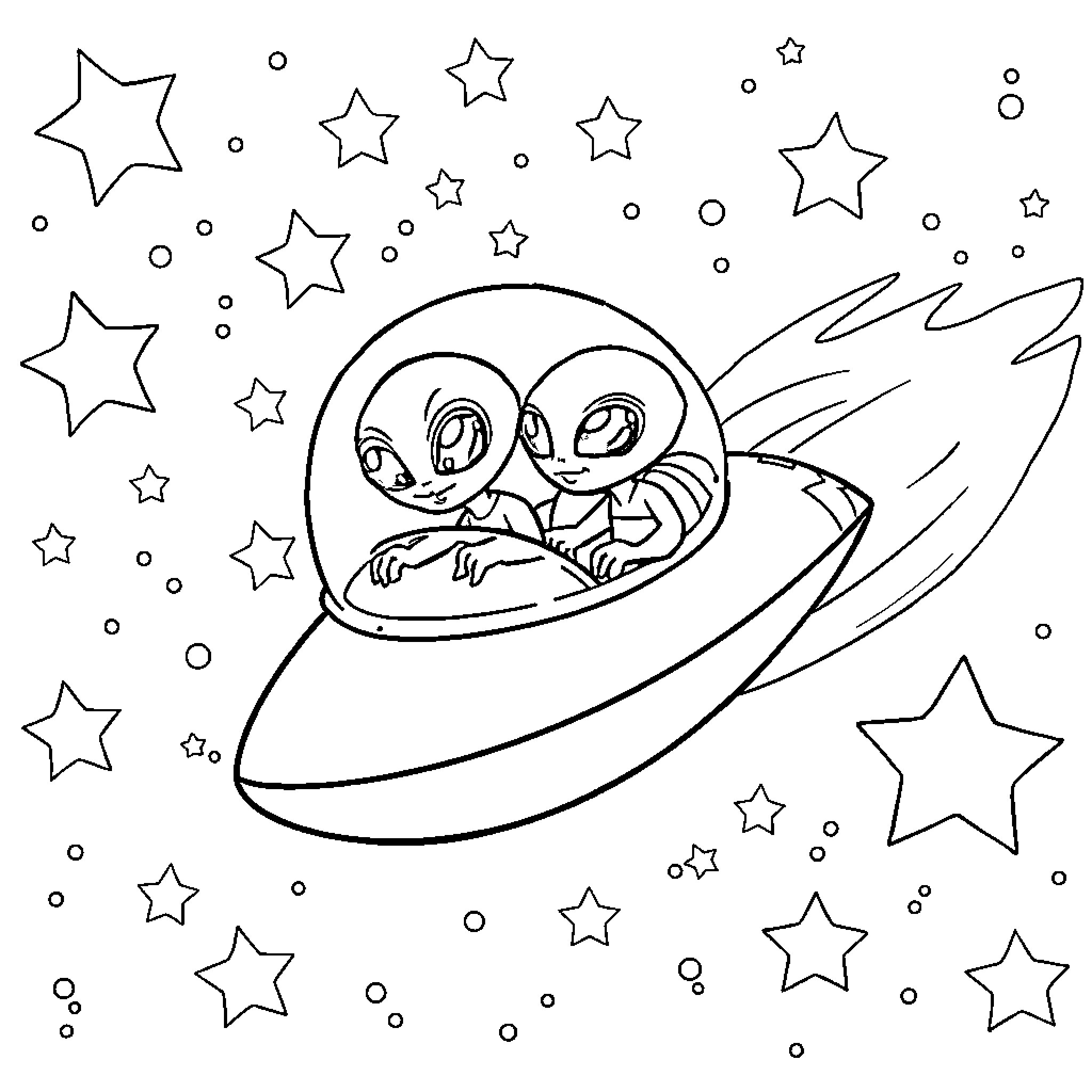 Alien Explorers Traveling in a Spaceship Coloring Page (free black-and-white line drawing printable PDF for all, from beginners to advanced learners, including children, teens, adults, and seniors)
