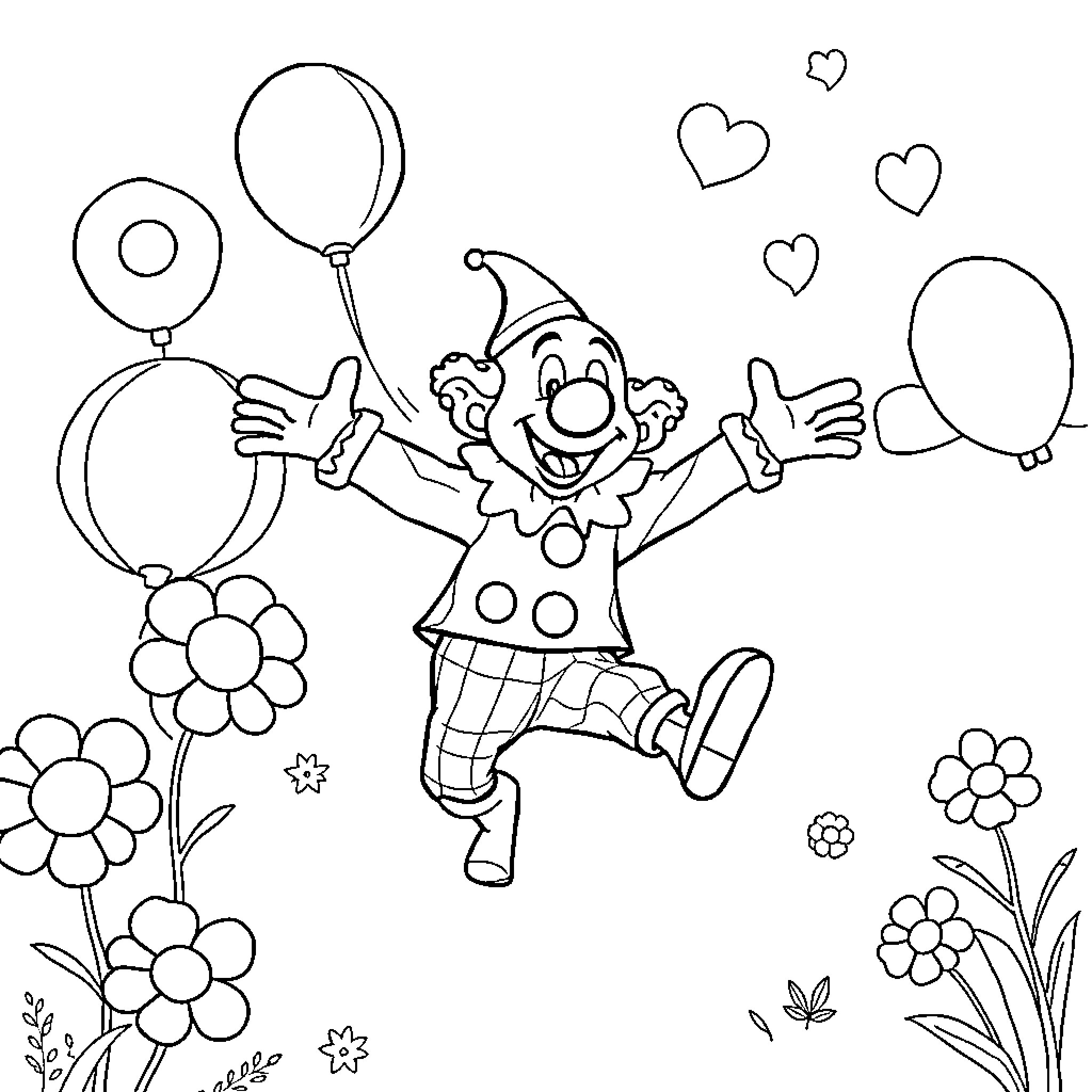 Plim Plim Clown Joyfully Playing with Balloons and Flowers Coloring Page (free black-and-white line drawing printable PDF for all, from beginners to advanced learners, including children, teens, adults, and seniors)