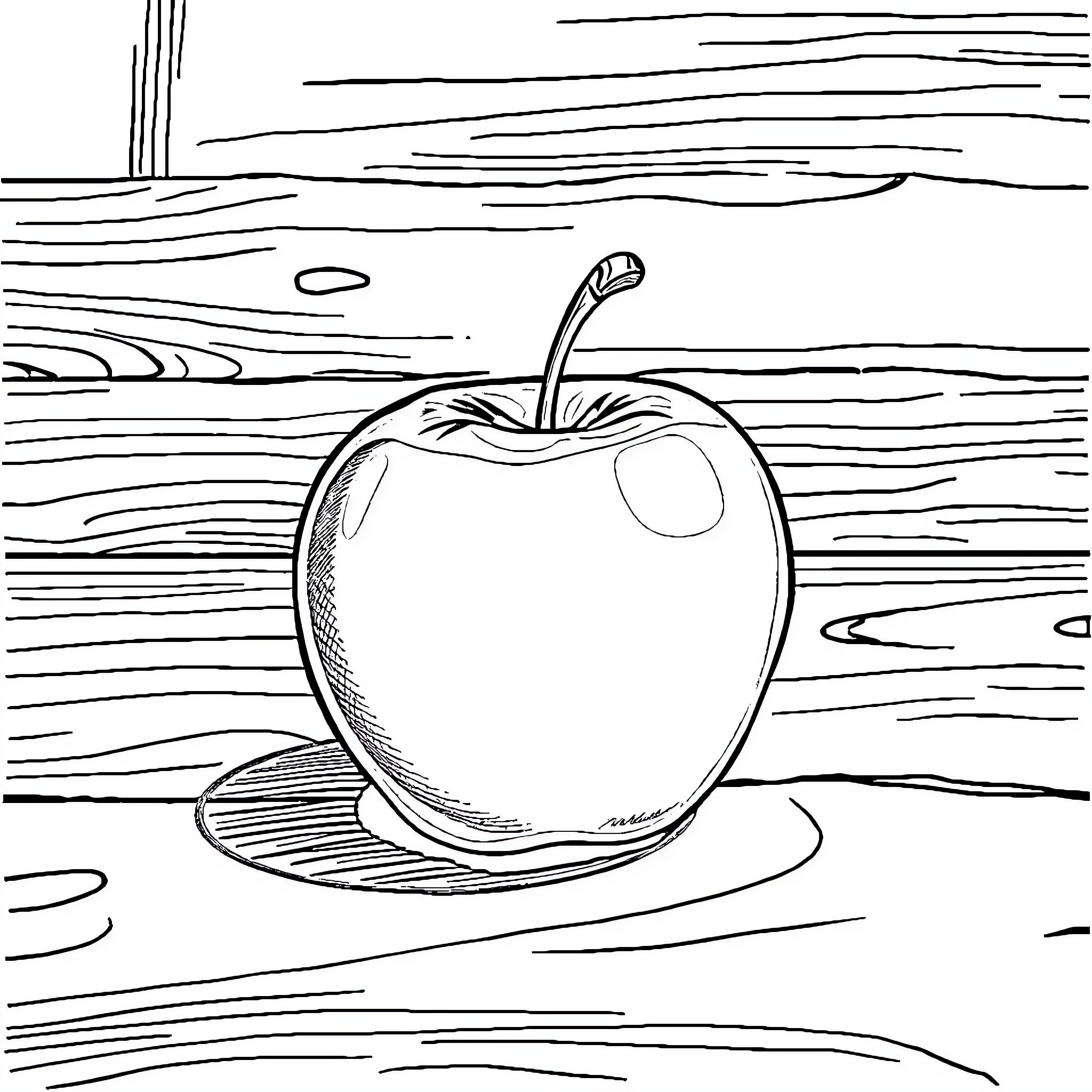 Apple on a Wooden Surface Coloring Page (free black-and-white line drawing printable PDF for all, from beginners to advanced learners, including children, teens, adults, and seniors)