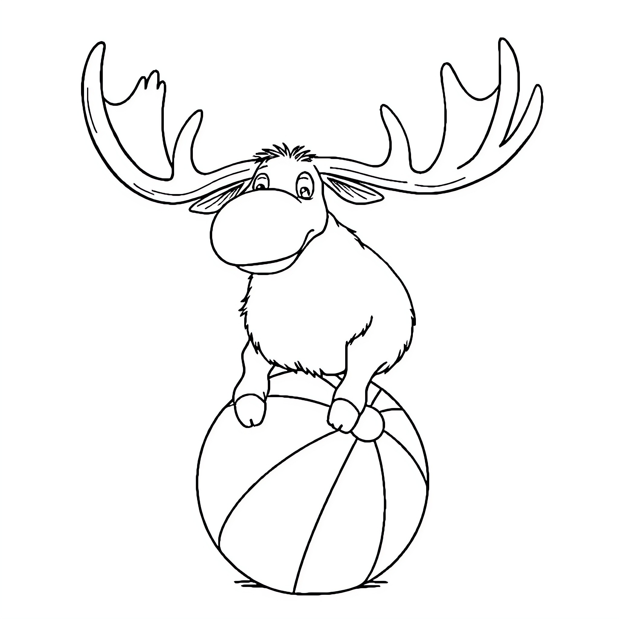 Moose playing joyfully with beach ball Coloring Page (free black-and-white line drawing printable PDF for all, from beginners to advanced learners, including children, teens, adults, and seniors)
