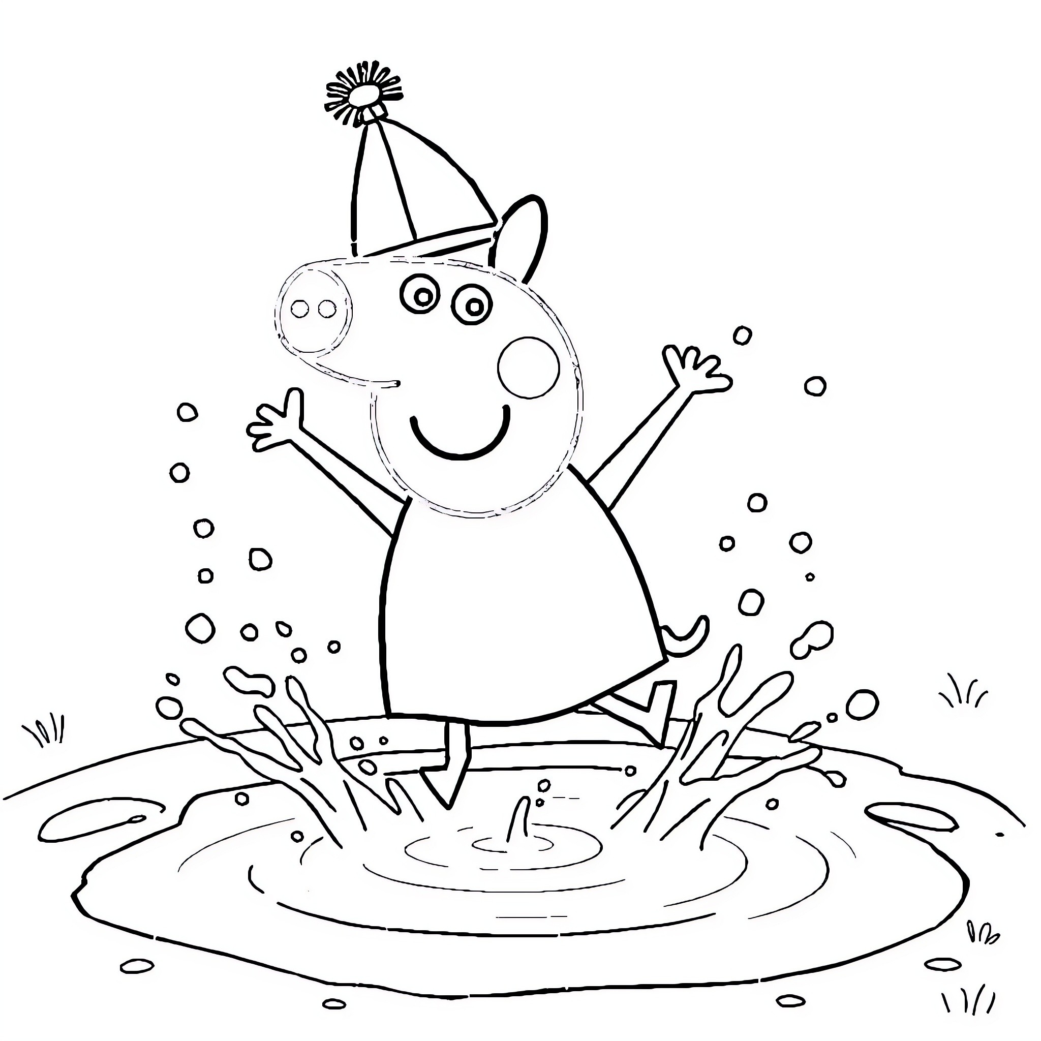 Peppa Pig playing and splashing in the puddle Coloring Page (free black-and-white line drawing printable PDF for all, from beginners to advanced learners, including children, teens, adults, and seniors)