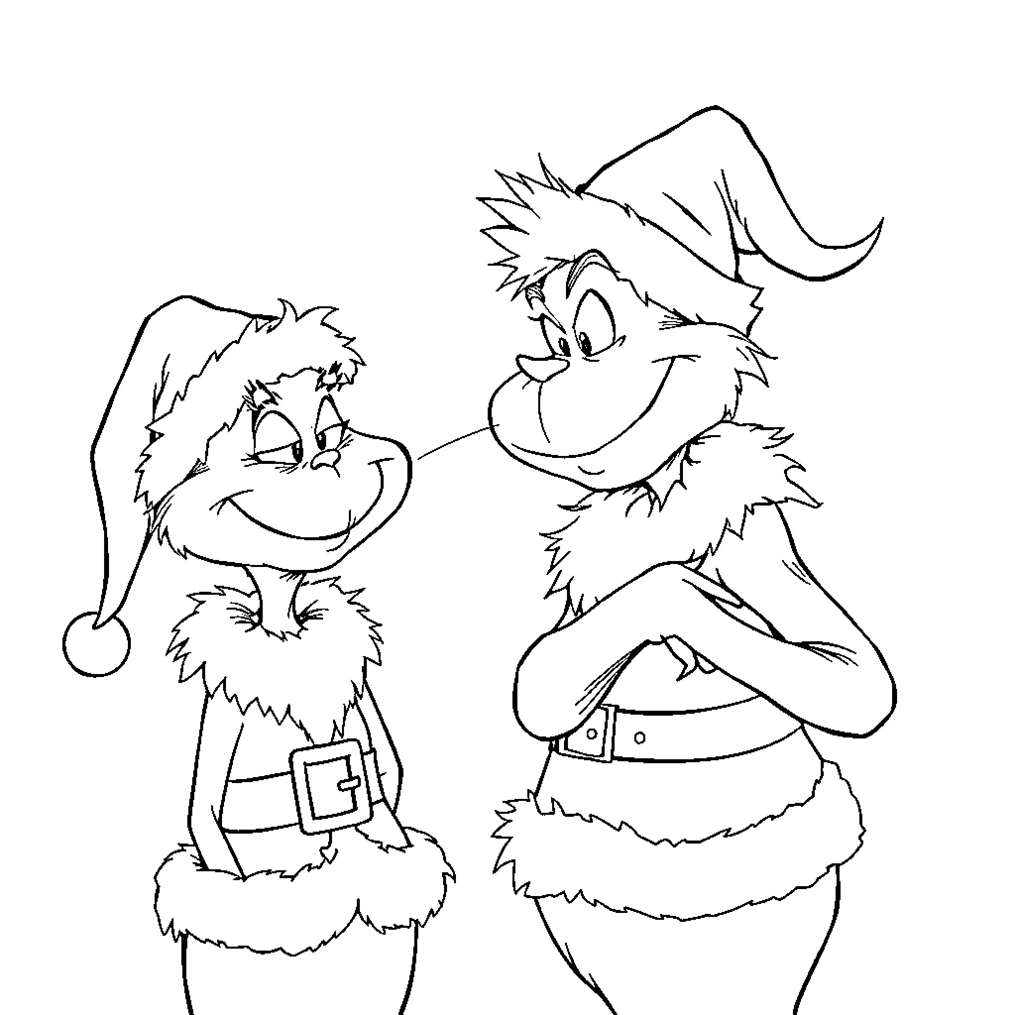 Grinch characters in festive outfits Coloring Page (free black-and-white line drawing printable PDF for all, from beginners to advanced learners, including children, teens, adults, and seniors)