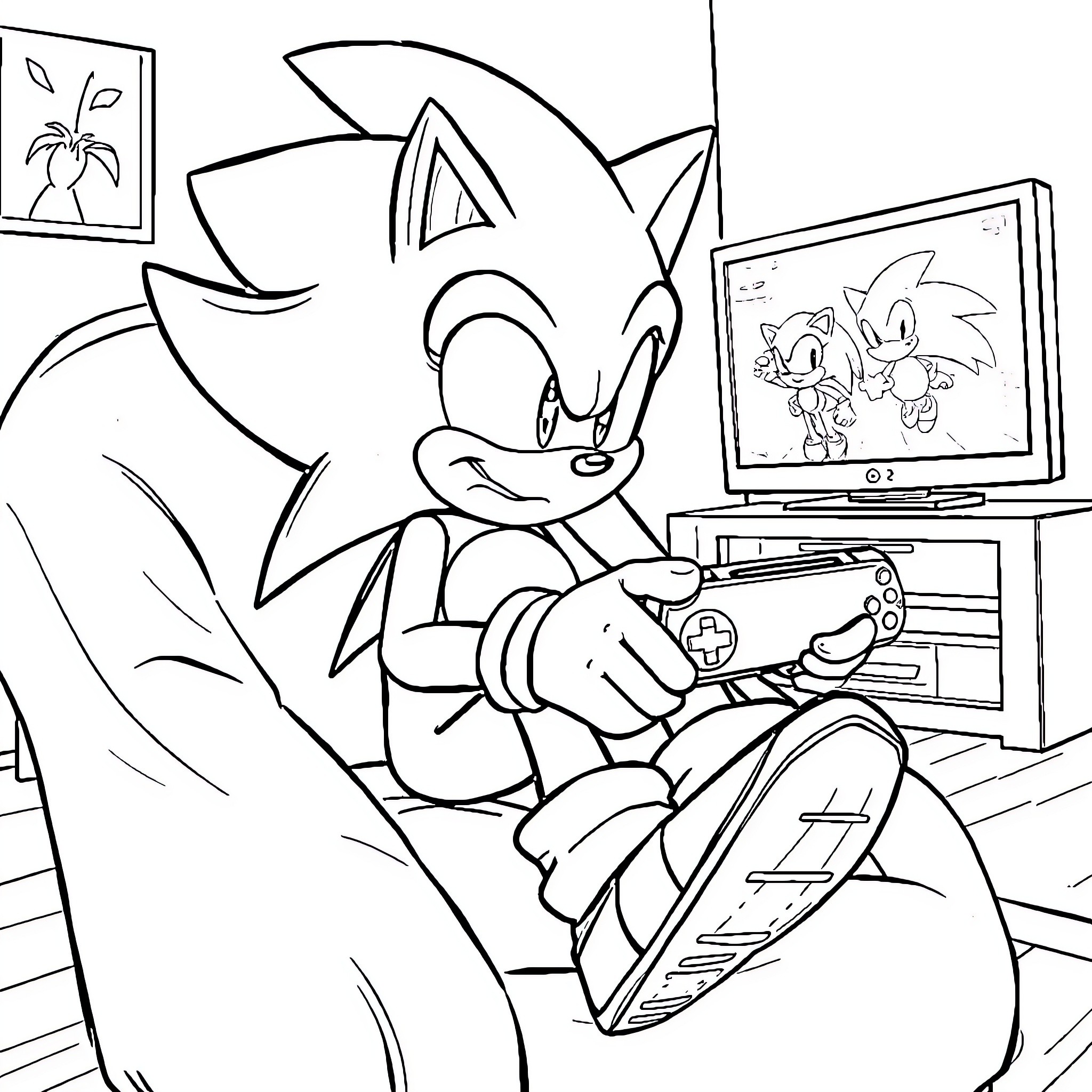 Supersonic gaming in a cozy room Coloring Page (free black-and-white line drawing printable PDF for all, from beginners to advanced learners, including children, teens, adults, and seniors)