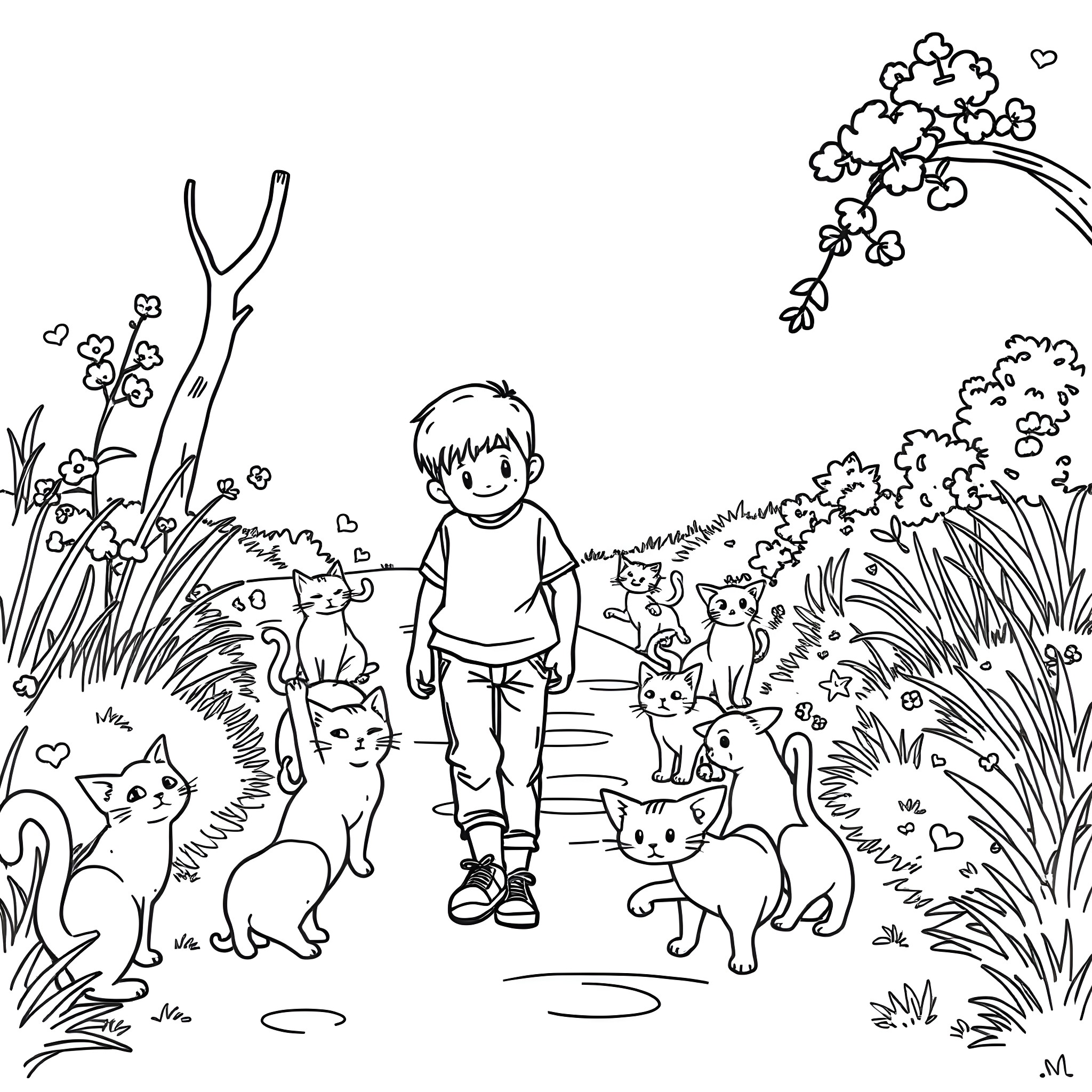 Boy walking among playful cats in nature Coloring Page (free black-and-white line drawing printable PDF for all, from beginners to advanced learners, including children, teens, adults, and seniors)