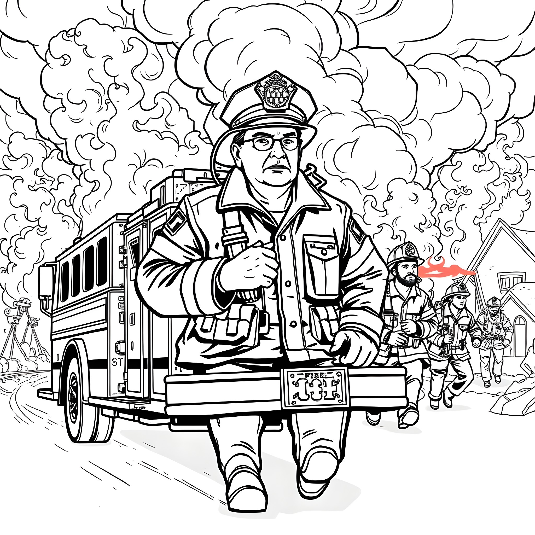 Firefighter heroically responding to emergency scene Coloring Page (free black-and-white line drawing printable PDF for all, from beginners to advanced learners, including children, teens, adults, and seniors)