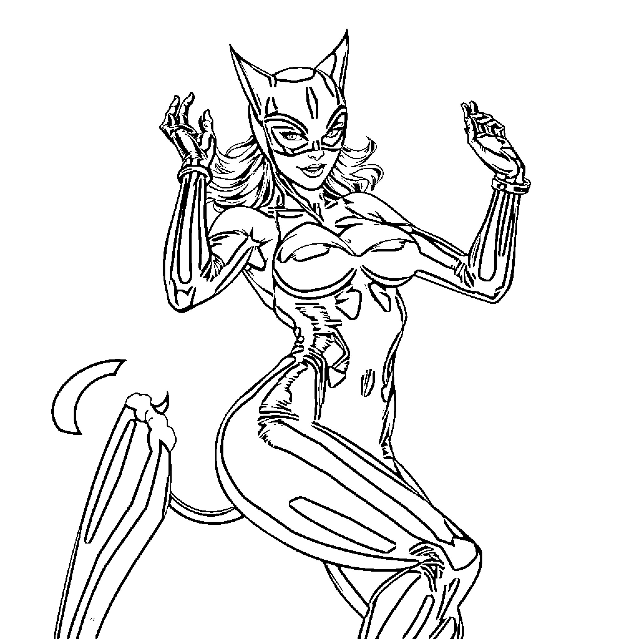 Catwoman in fierce combat pose Coloring Page (free black-and-white line drawing printable PDF for all, from beginners to advanced learners, including children, teens, adults, and seniors)