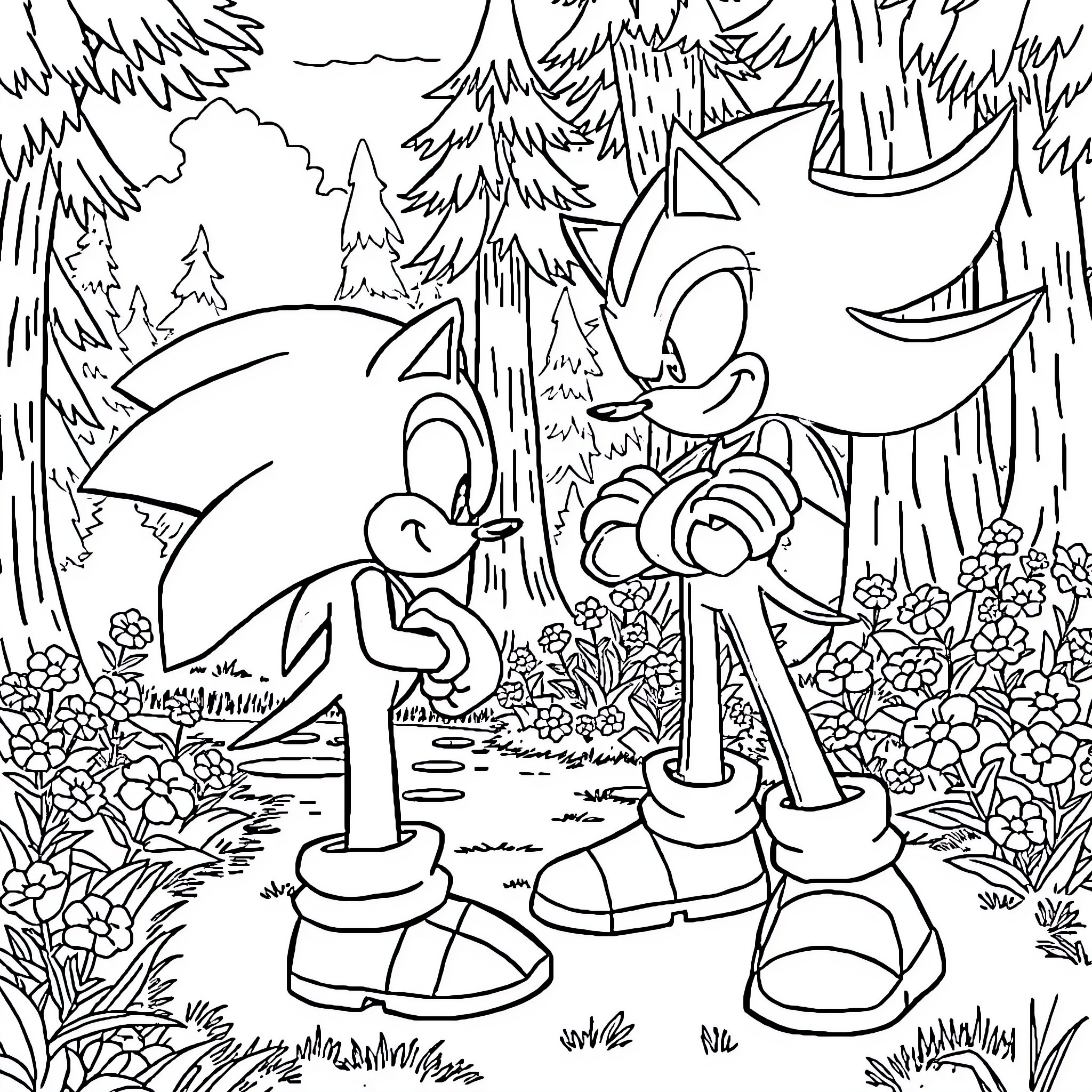 Hedgehog characters exploring forest landscape Coloring Page (free black-and-white line drawing printable PDF for all, from beginners to advanced learners, including children, teens, adults, and seniors)