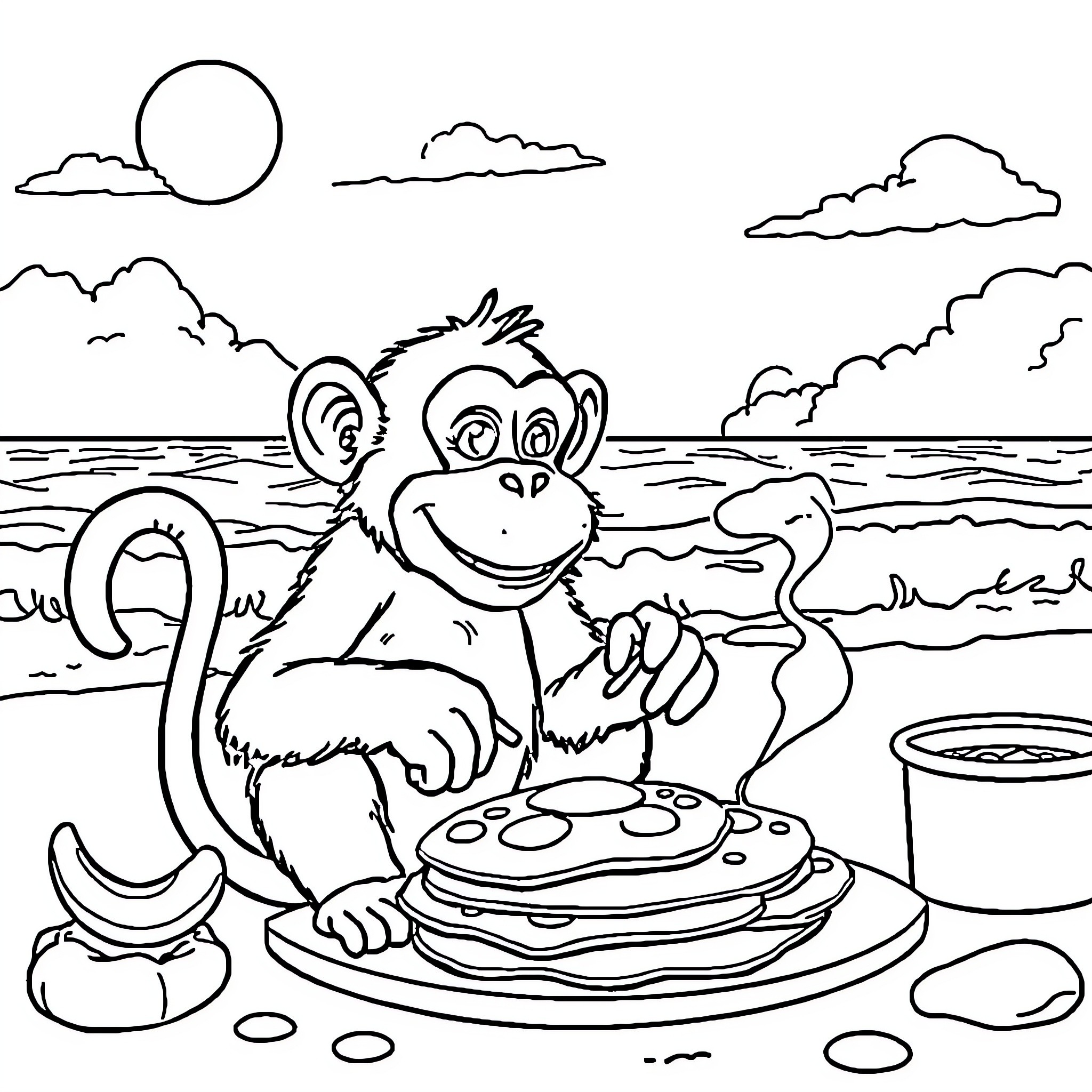 Monkey enjoying a picnic on the beach Coloring Page (free black-and-white line drawing printable PDF for all, from beginners to advanced learners, including children, teens, adults, and seniors)