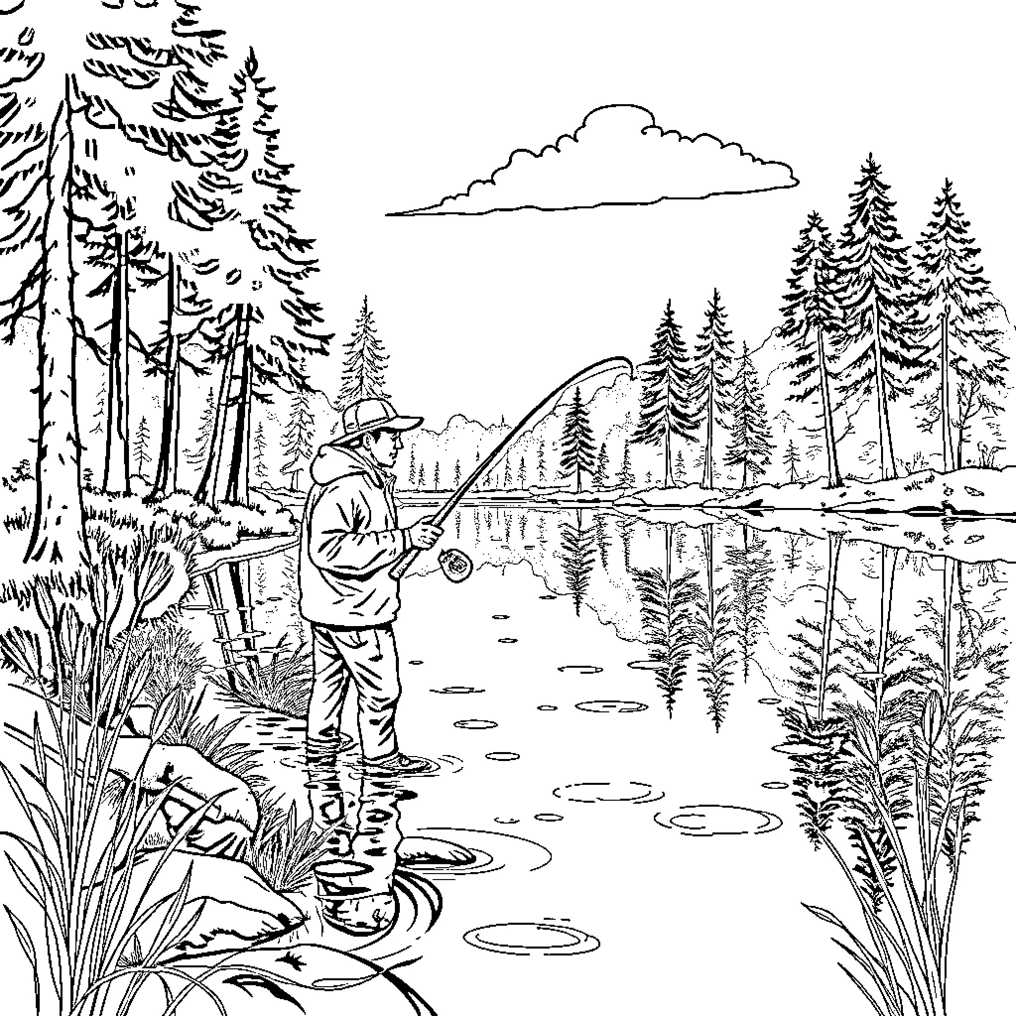 Pike Fishing in the Forest Landscape Coloring Page (free black-and-white line drawing printable PDF for all, from beginners to advanced learners, including children, teens, adults, and seniors)