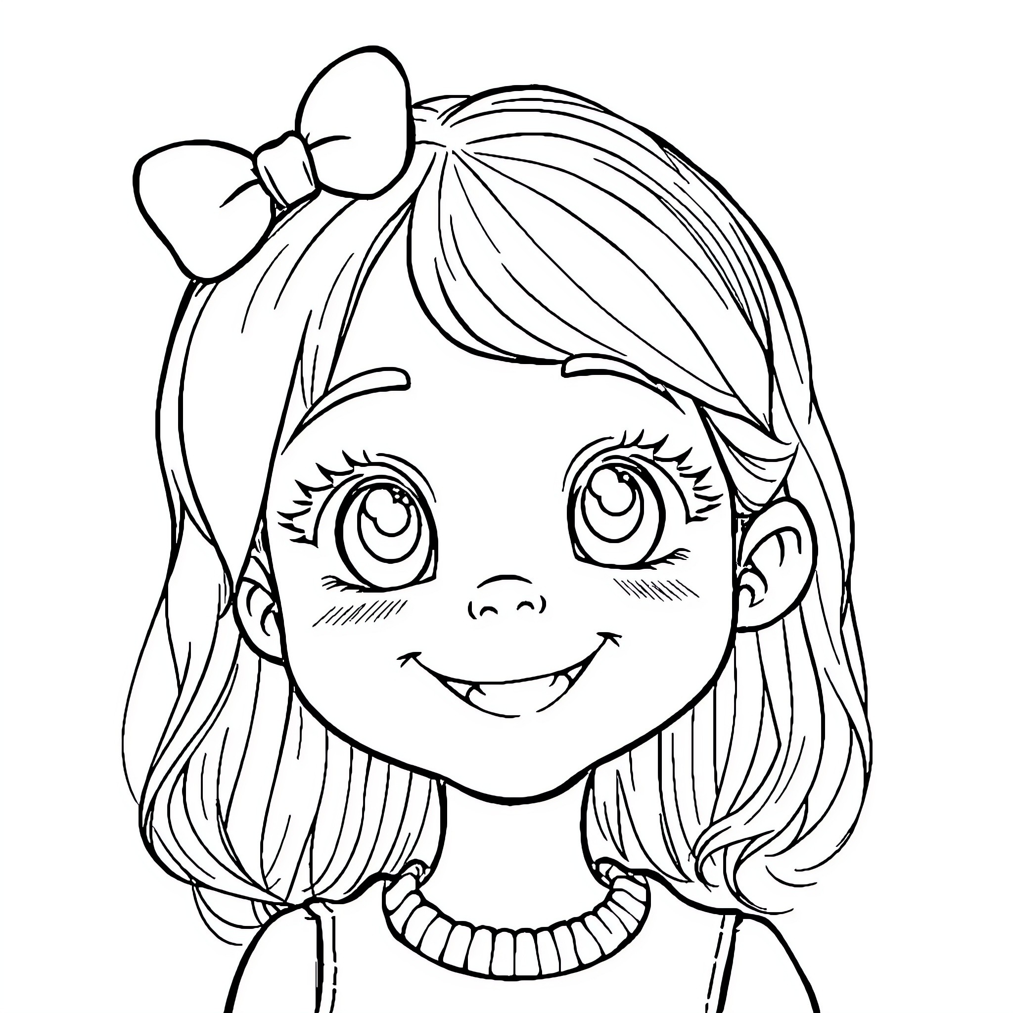 Girl with a bow in her hair smiling happily Coloring Page (free black-and-white line drawing printable PDF for all, from beginners to advanced learners, including children, teens, adults, and seniors)
